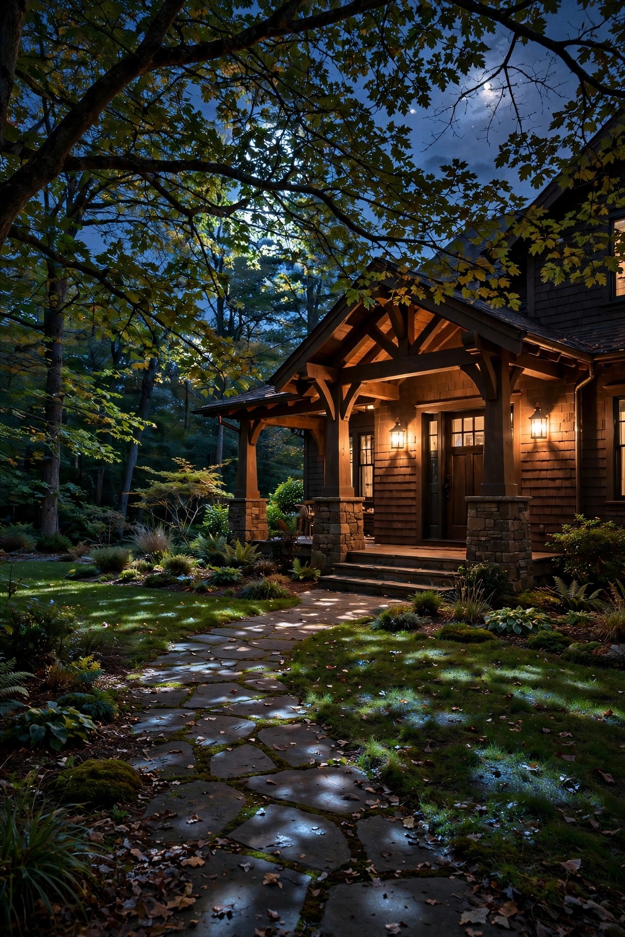 Soft dappled moonlighting shining down through tree branches onto a craftsman front lawn and walkway at night