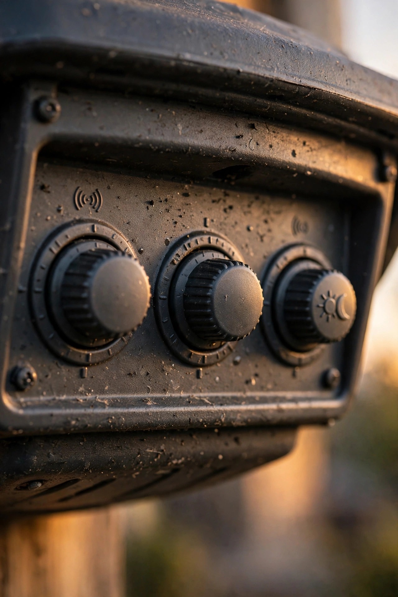 Close-up of motion sensor light control dials for sensitivity, time duration and dusk-to-dawn mode under a fixture