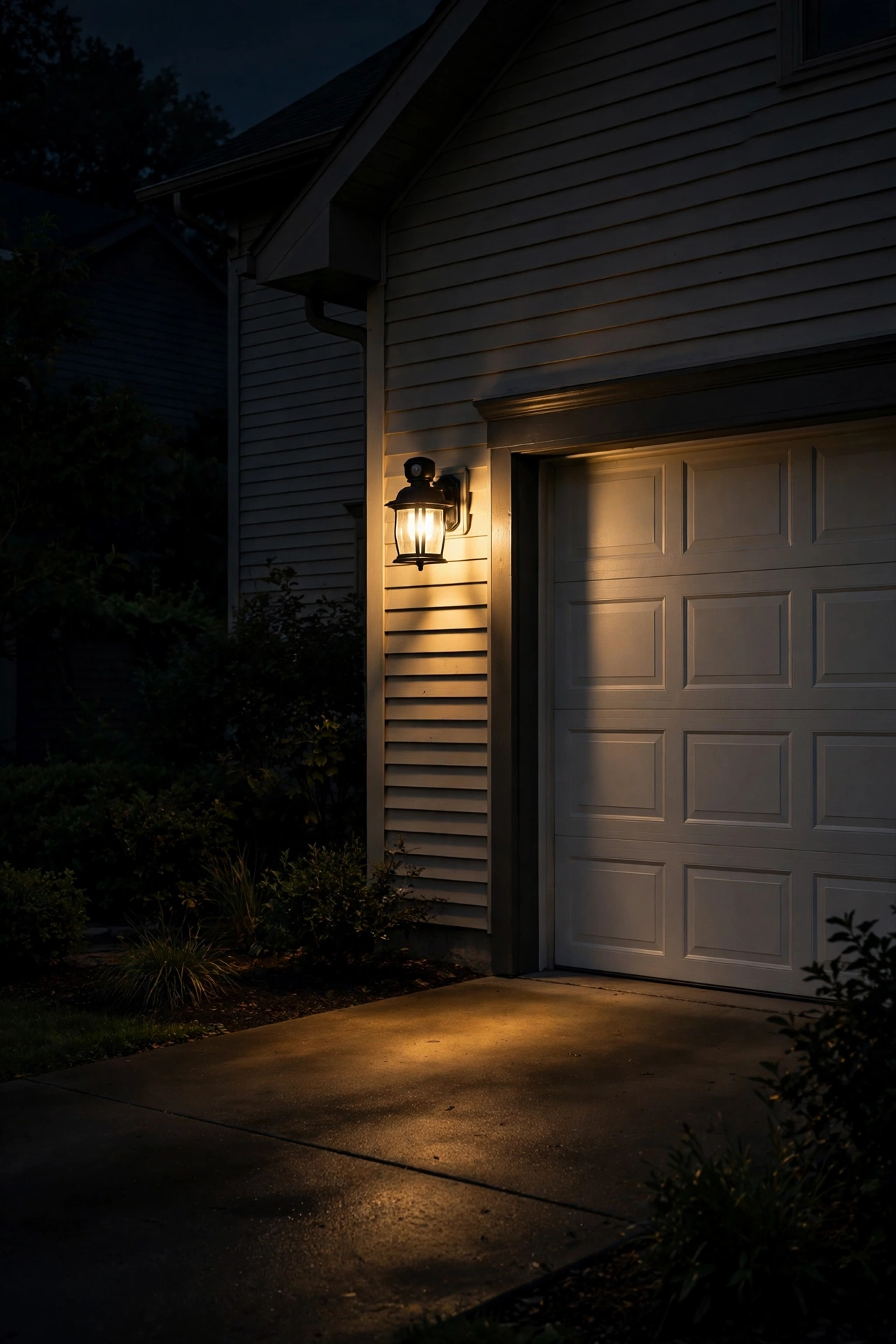 Motion-sensor carriage lantern beside a garage door glowing brightly over a dark driveway