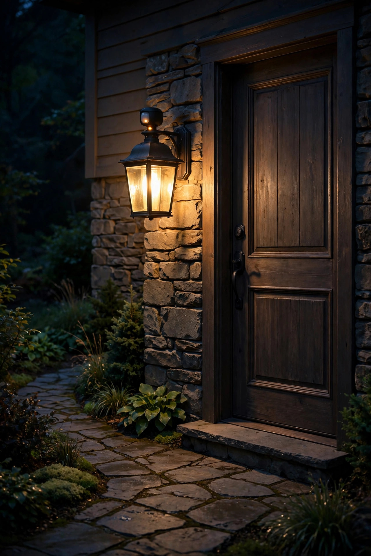 Coach lantern with motion sensor glowing beside a side entry door and stone path at night