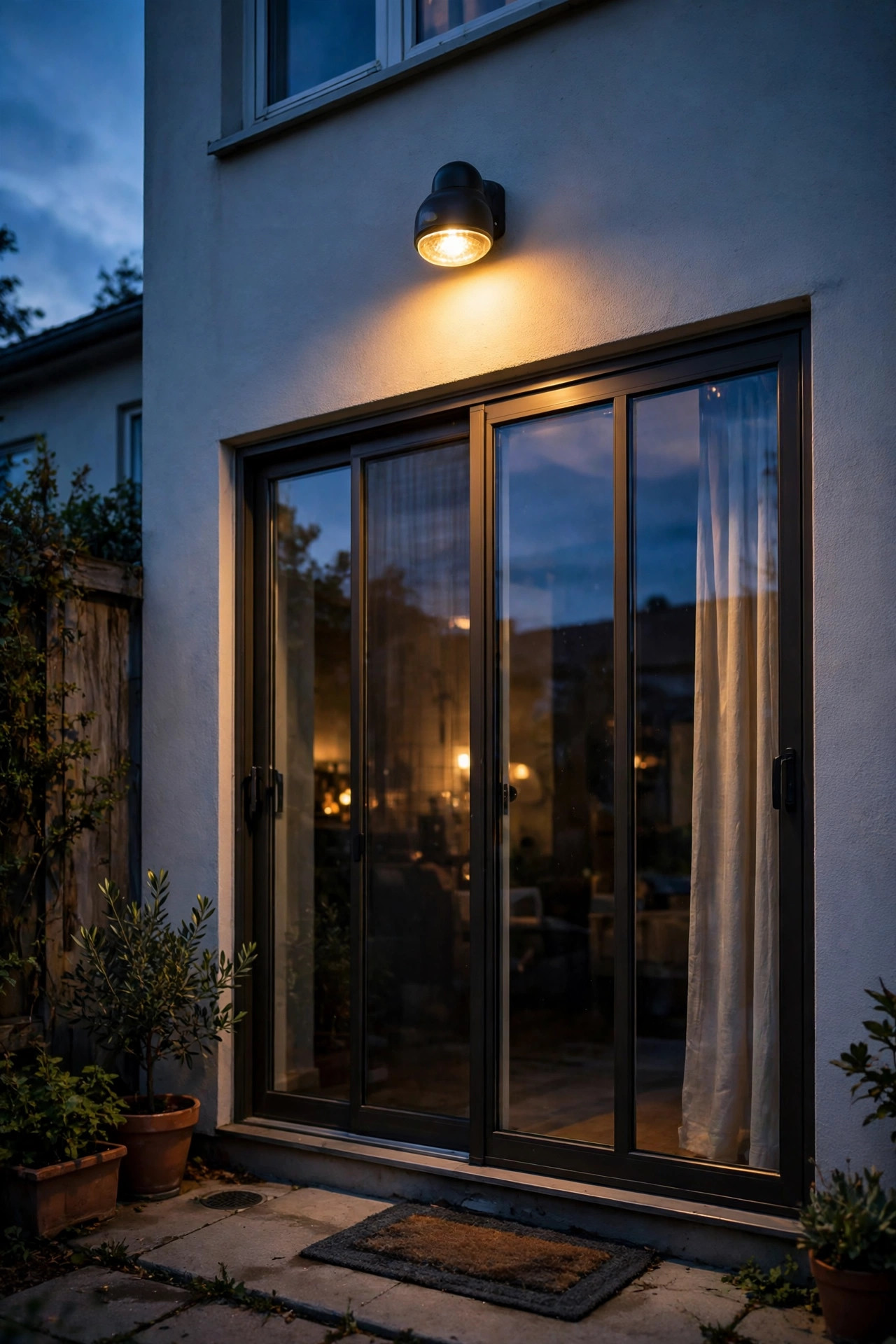 Motion sensor light glowing softly above a ground-floor apartment patio door at dusk