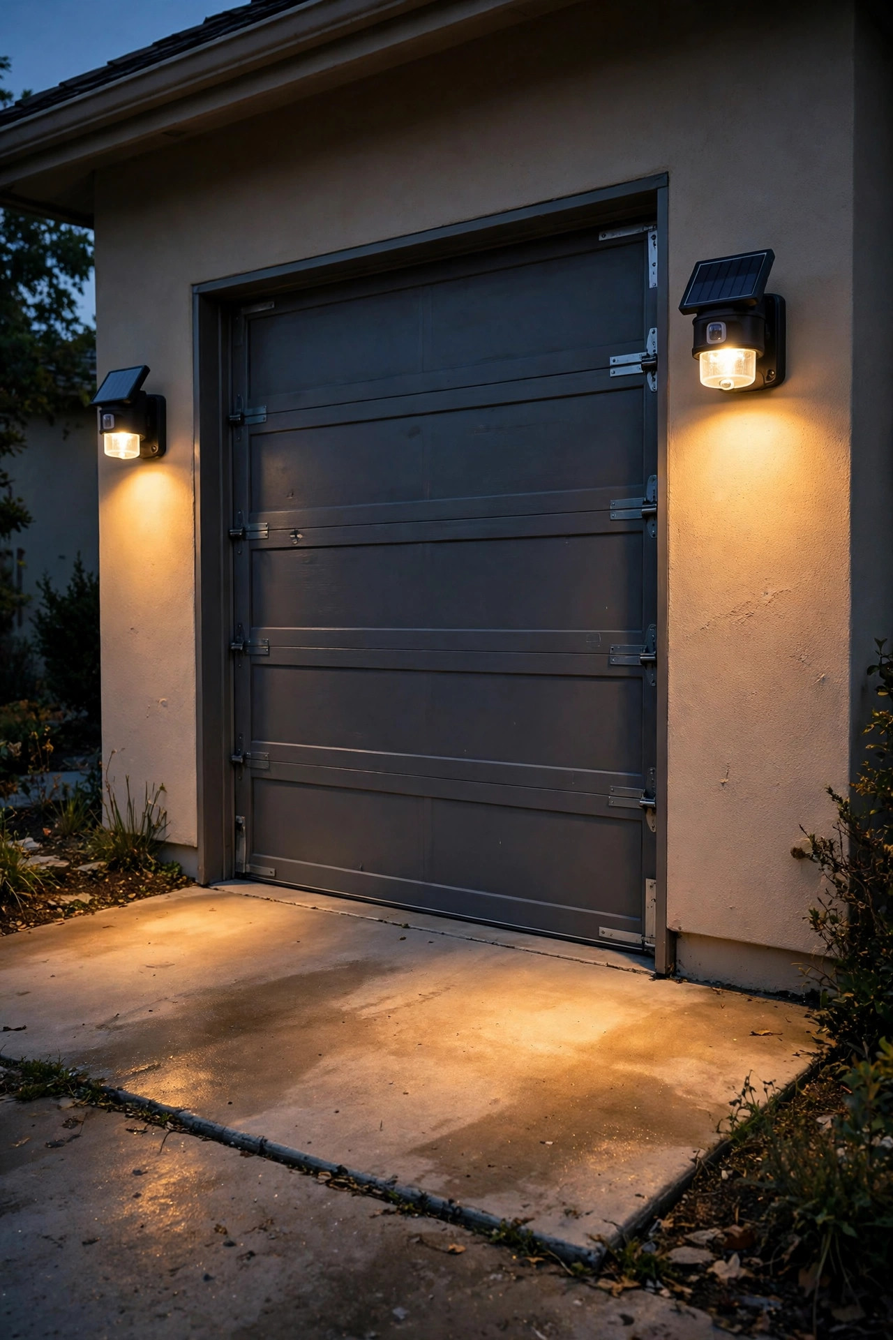 Warm white solar motion sensor lights mounted beside a garage door lighting the driveway apron