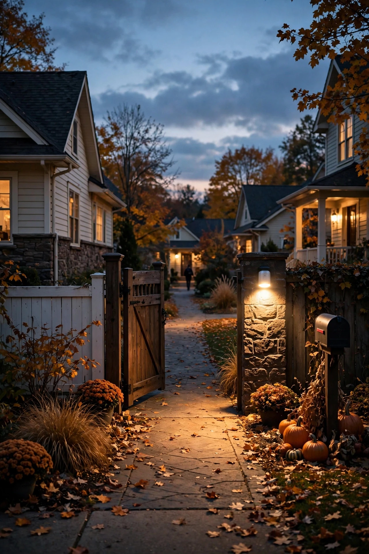 Motion sensor light washing a pathway entrance as someone arrives at dusk