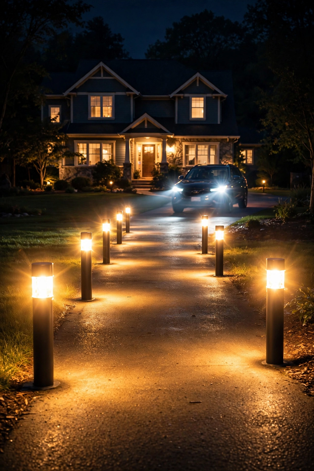 Motion-sensor driveway bollard lights brightening as a car approaches a home at night