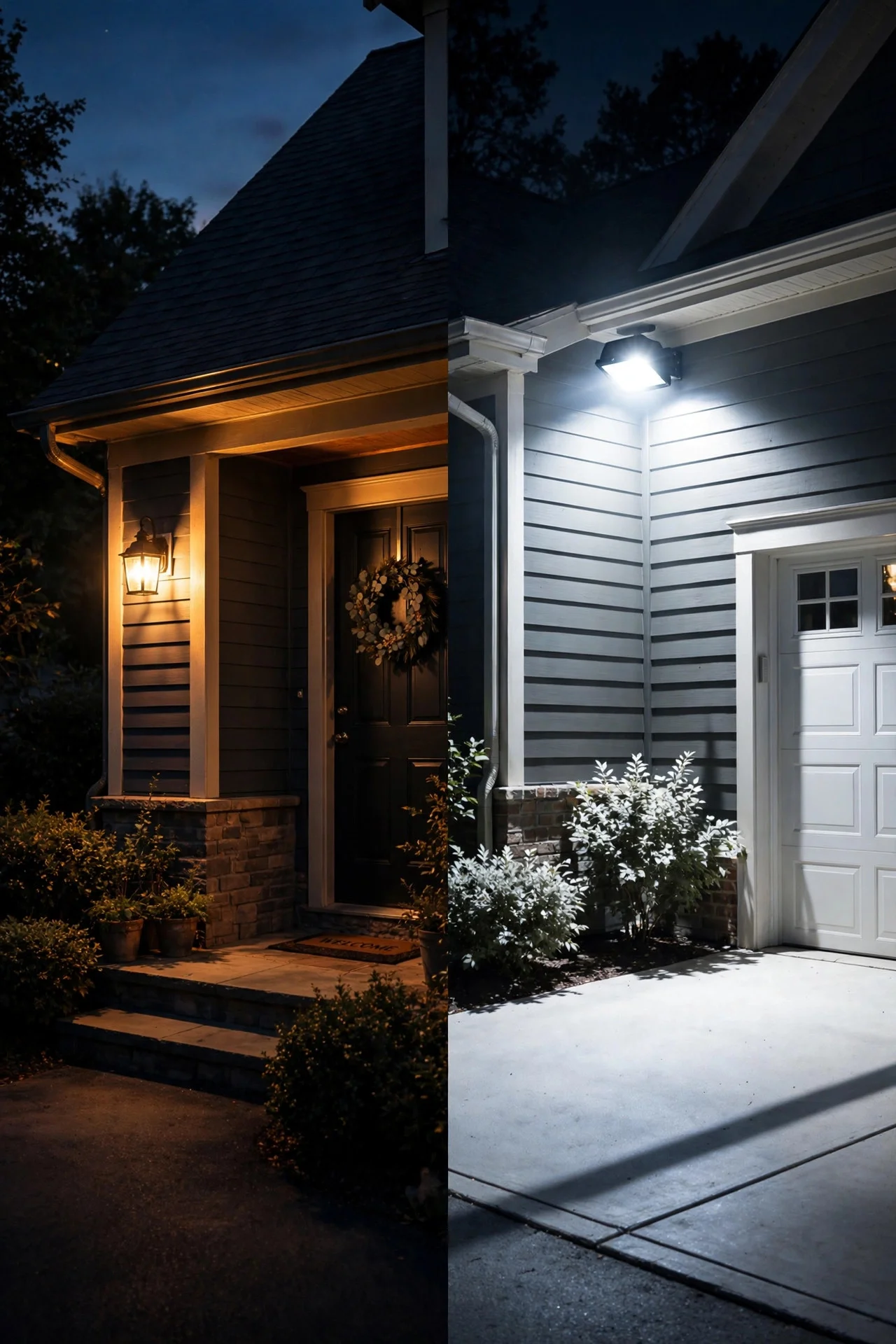 Side-by-side comparison of a steady dusk-to-dawn porch glow and a motion sensor flood light on a home at night