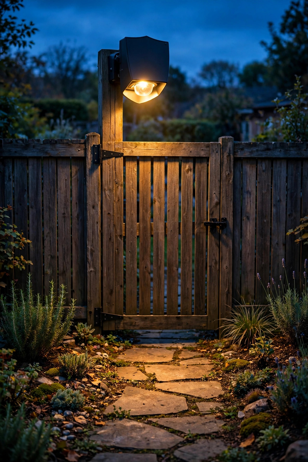 Shielded warm motion sensor light above a backyard gate at dusk, aimed down at the home path