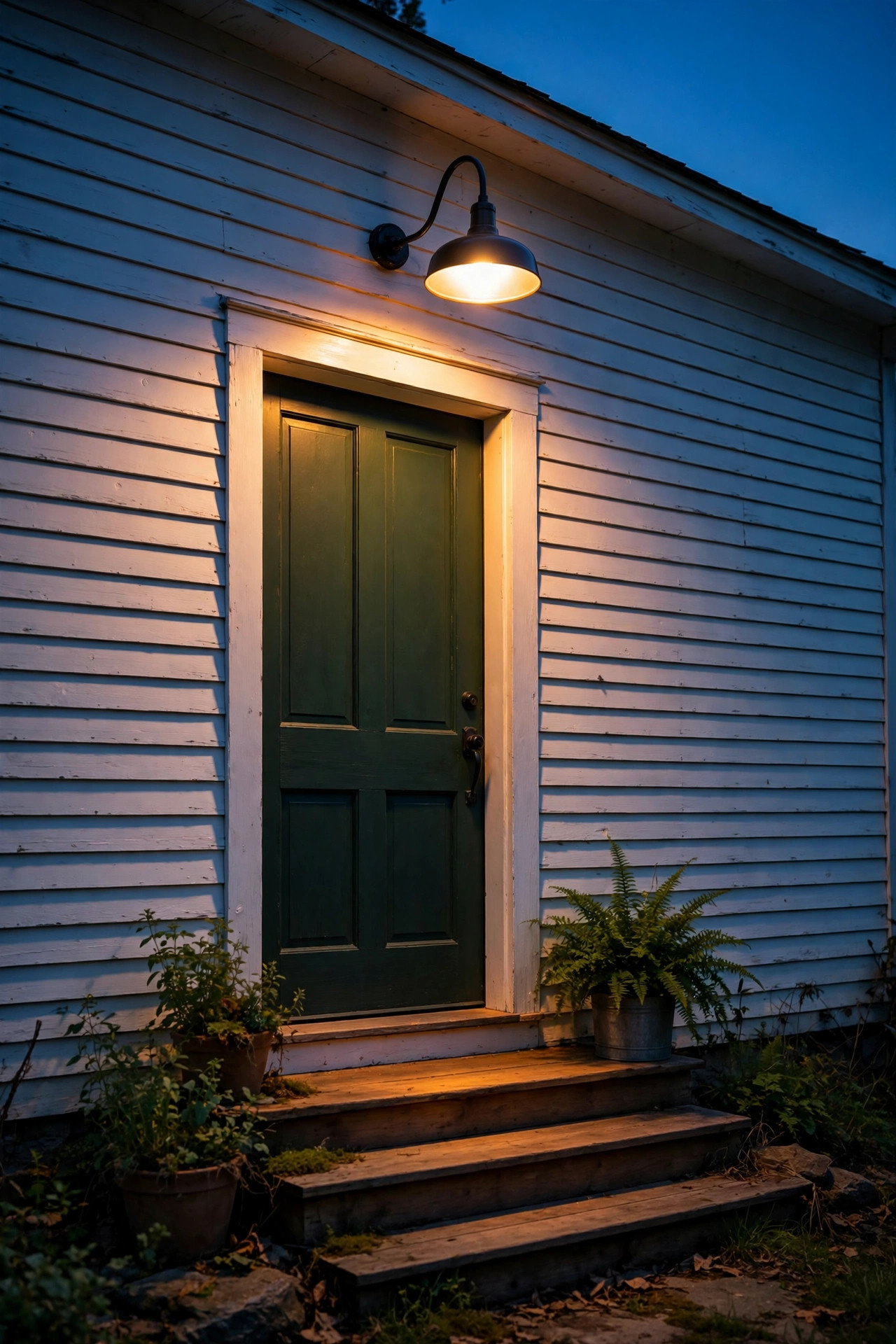 Single gooseneck barn light above a farmhouse side entry door with steps at dusk