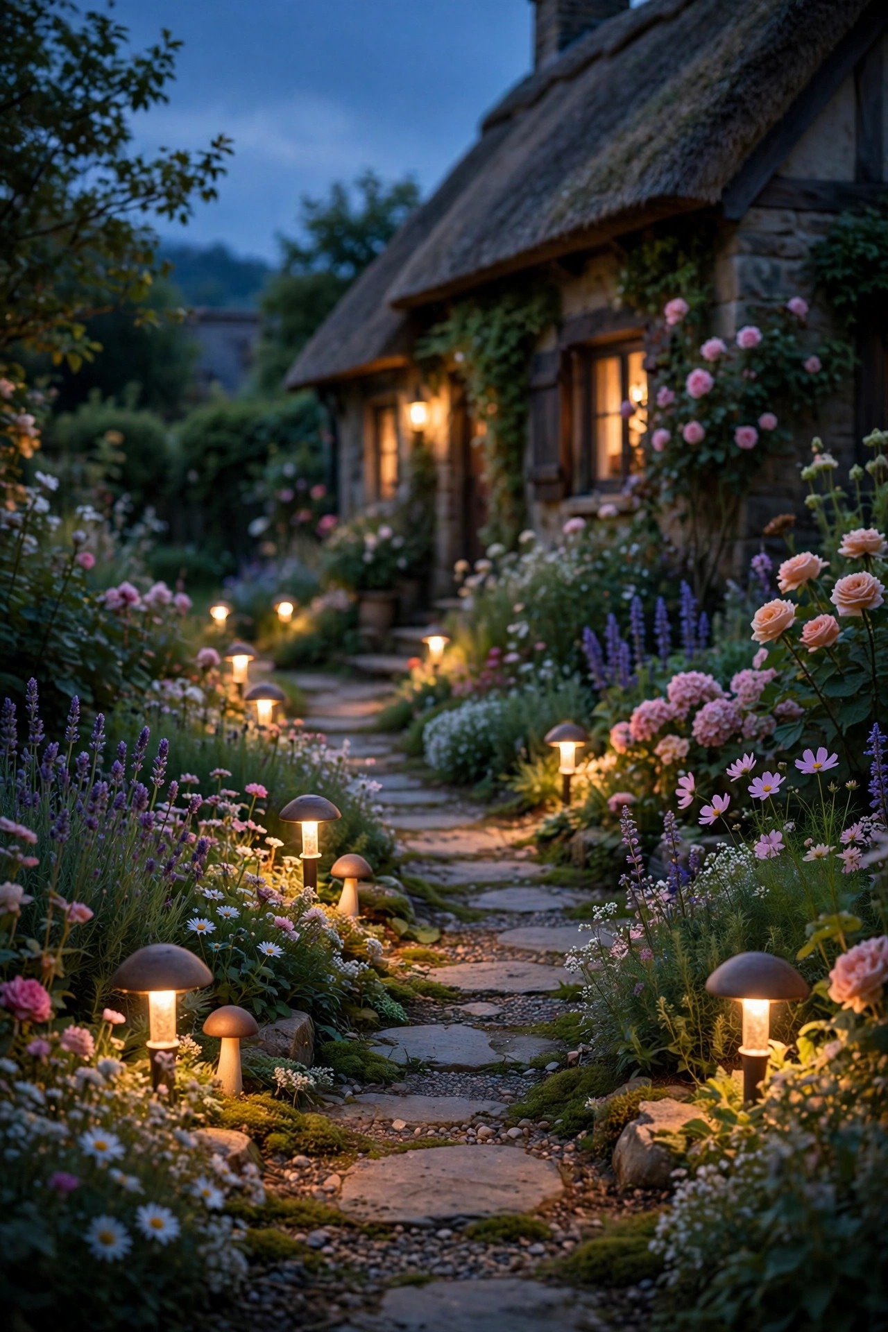 Small mushroom-style path lights glowing warmly along a cottage garden path at dusk with no glare