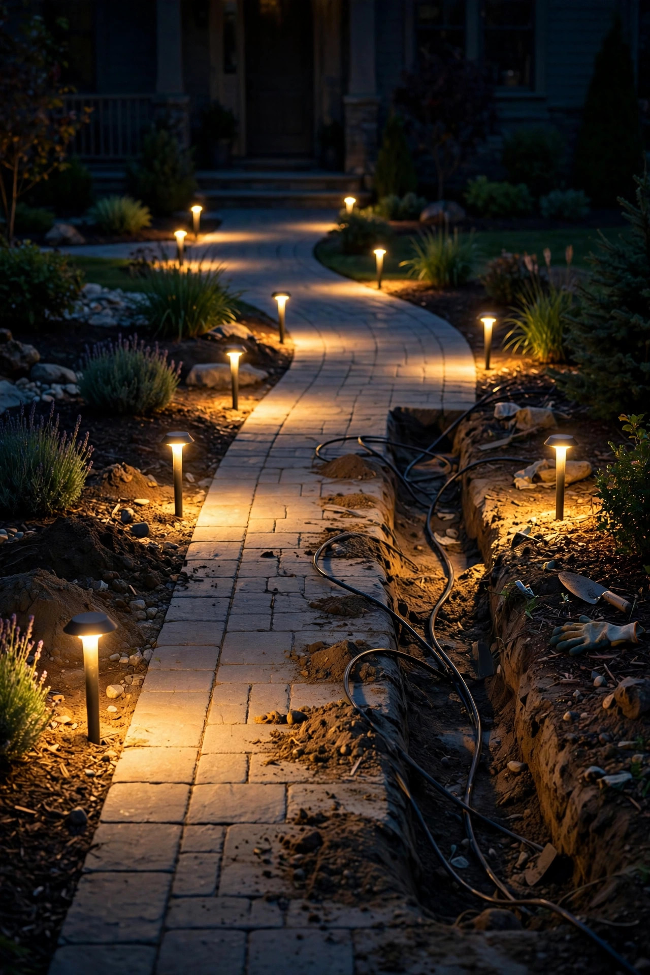 Newly installed path lights glowing evenly along a front walkway during a nighttime test before cable burial