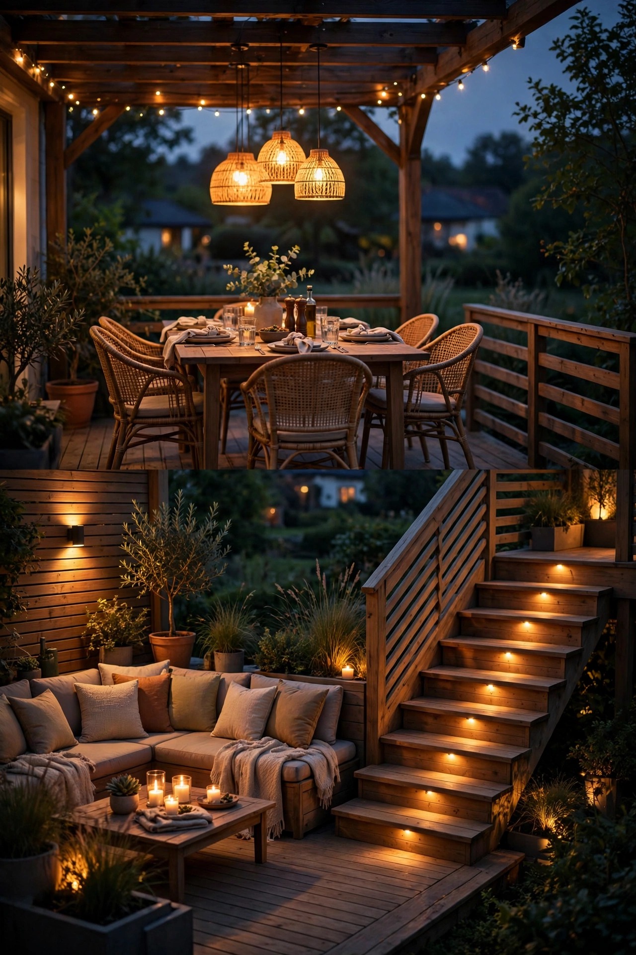 Evening deck scene with lighting at a soft dimmed evening level, separate warm zones glowing over the dining table, seating corner and stairs, relaxed intimate atmosphere