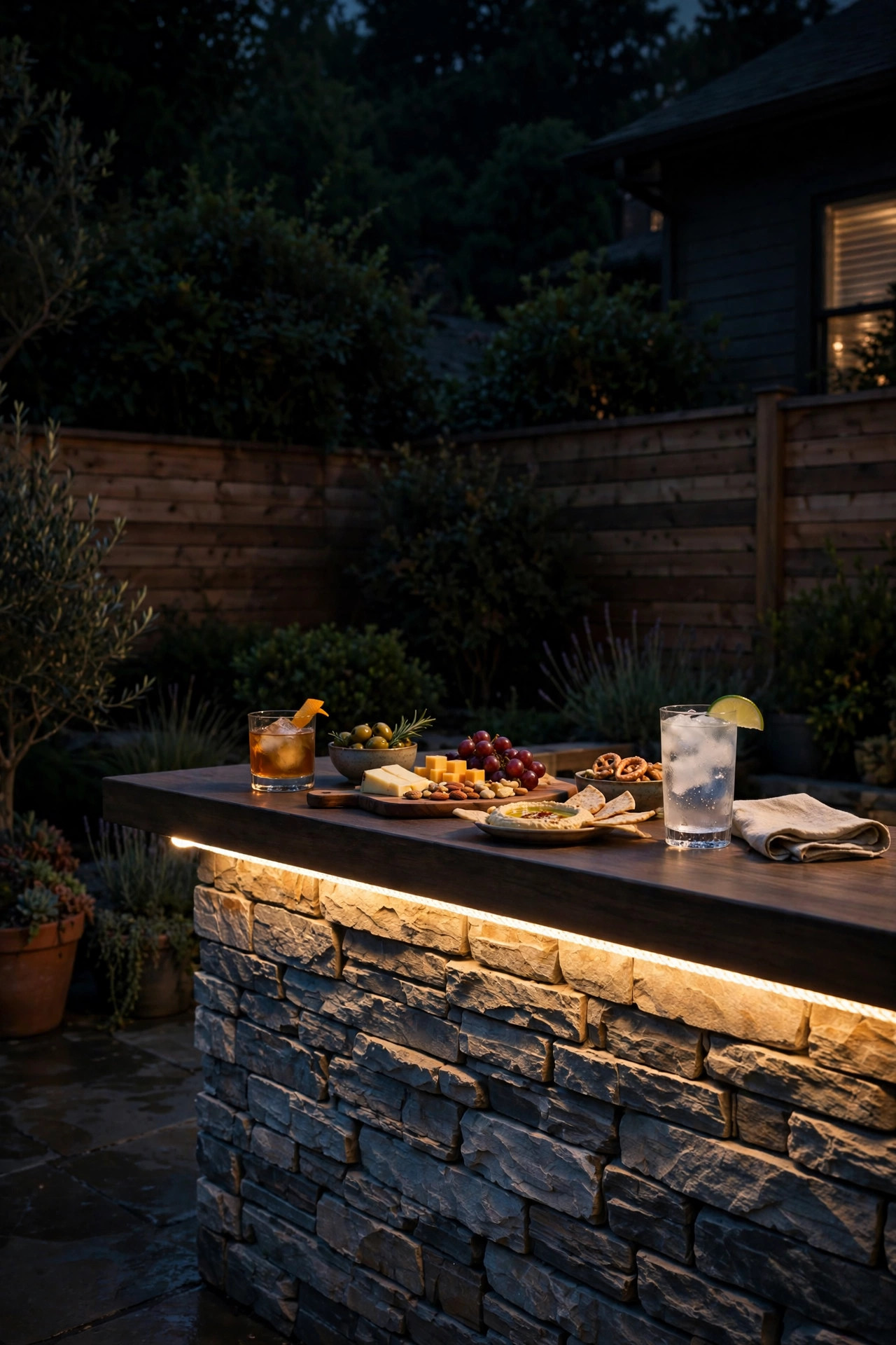 Outdoor patio bar at night with rope light glowing under the countertop overhang