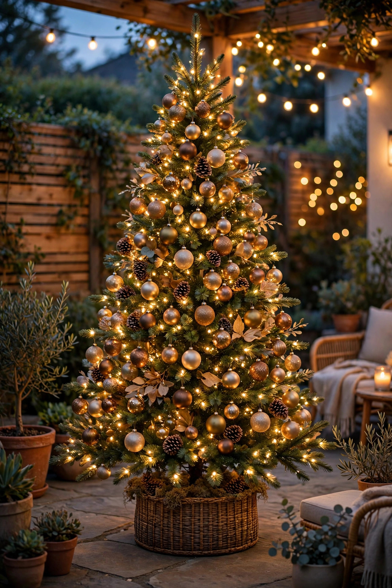 A decorated Christmas tree standing on a backyard patio with warm lights and shatterproof ornaments