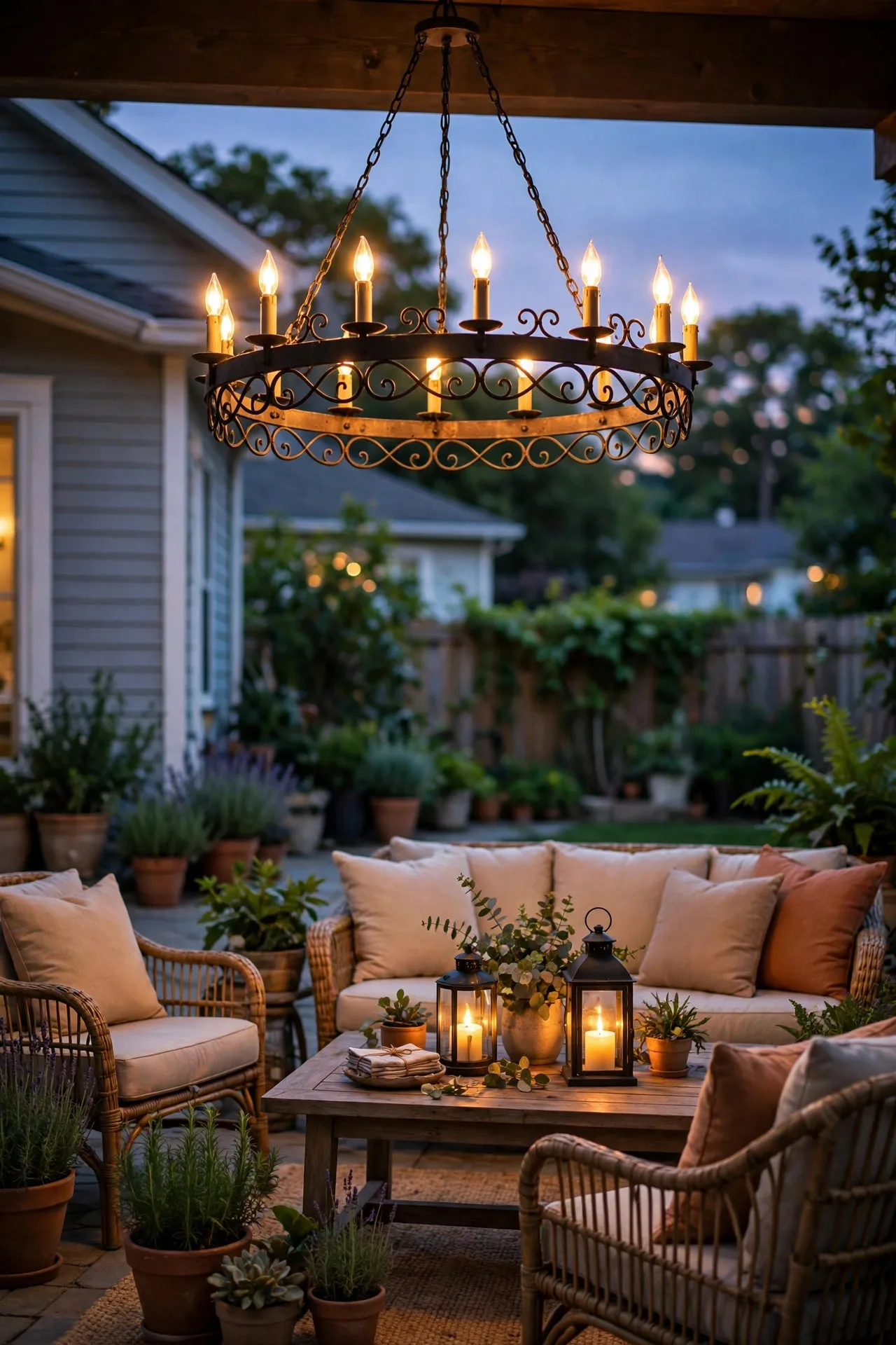 Outdoor chandelier glowing above a summer patio seating area at dusk
