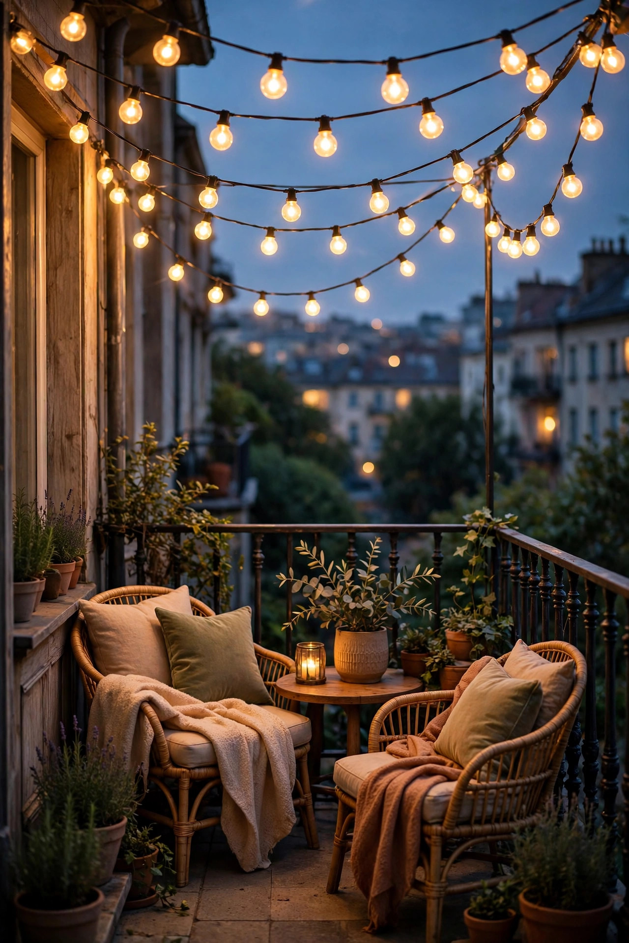 Warm string lights swagged overhead across a small balcony at dusk forming a glowing canopy above cozy seating