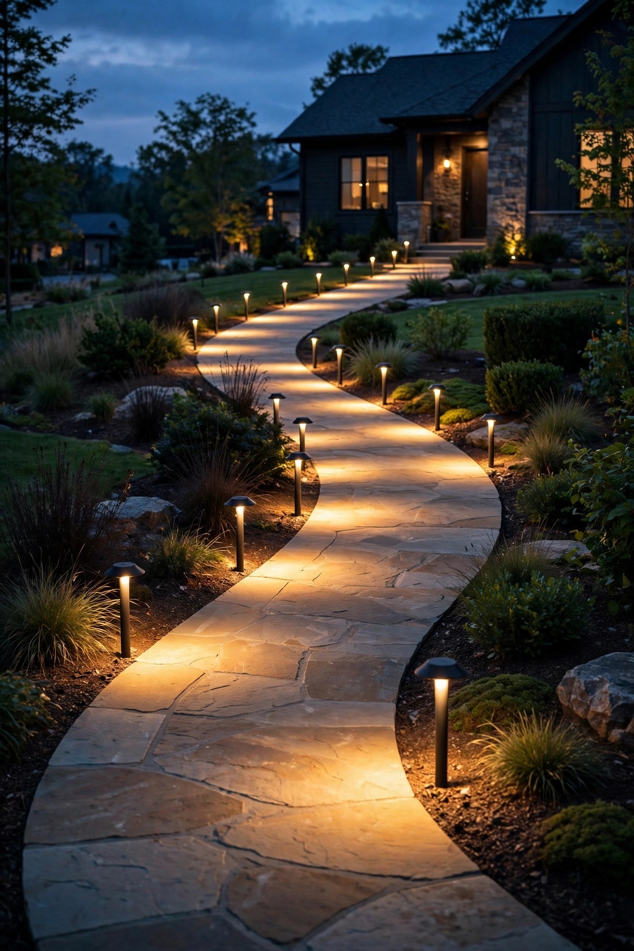 Curved front walkway at dusk with staggered path lights spaced so their warm pools of light overlap into one continuous ribbon