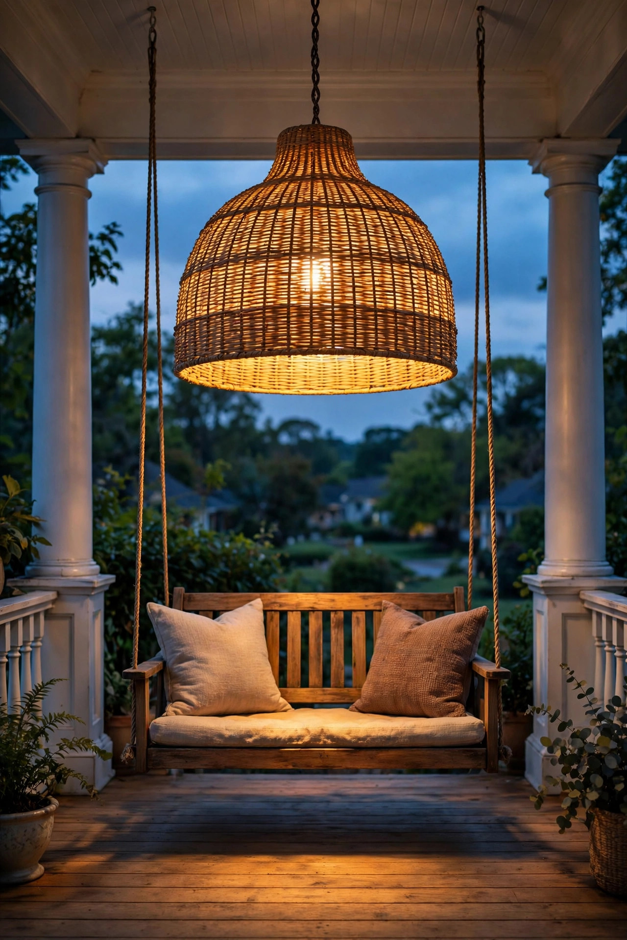 Oversized woven statement pendant glowing over a wooden porch swing at dusk