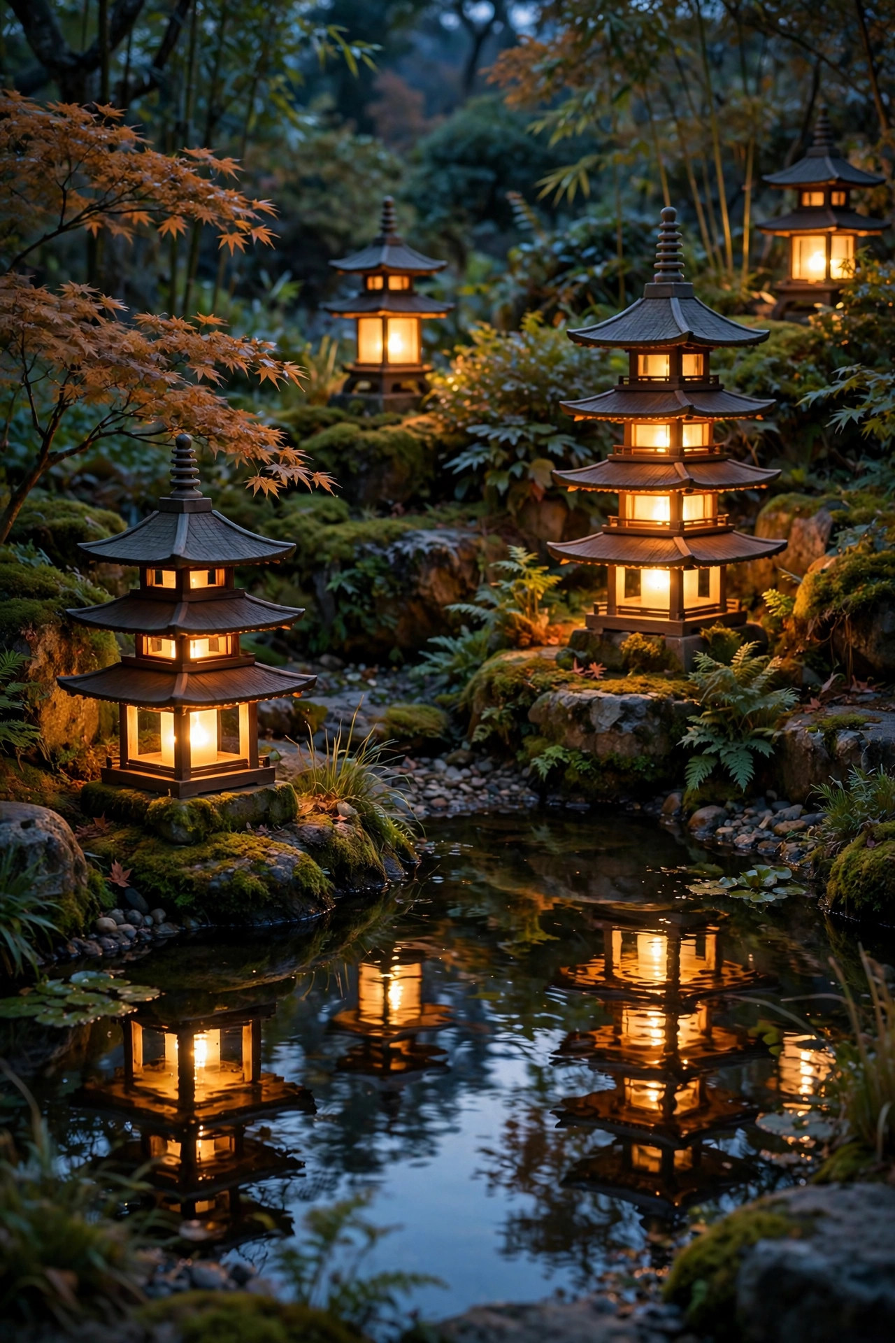 Tiered pagoda lights glowing around a small garden pond with reflections on the water