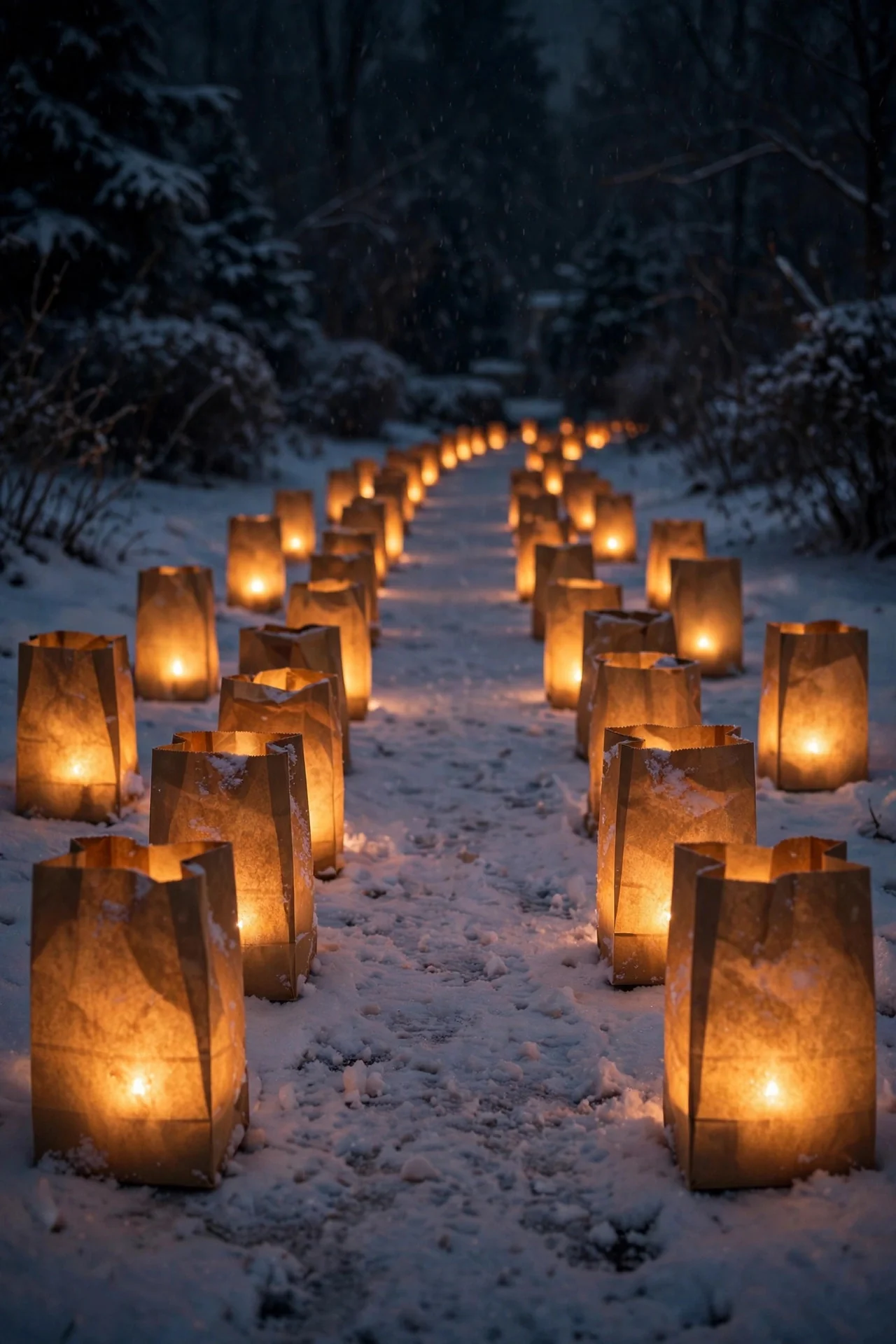 Glowing paper bag luminaries with LED candles lining a snowy walkway at night