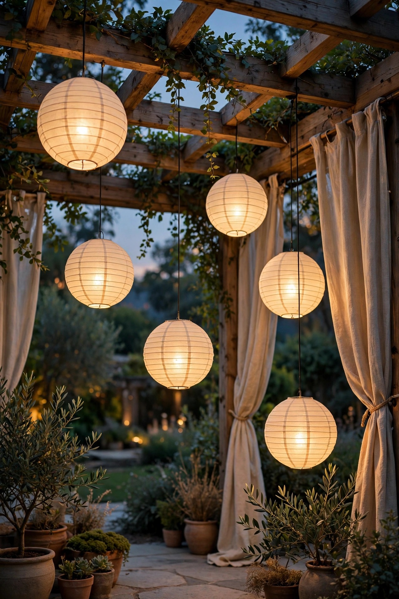 Paper lanterns with LED lights hanging at staggered heights beside pergola curtains