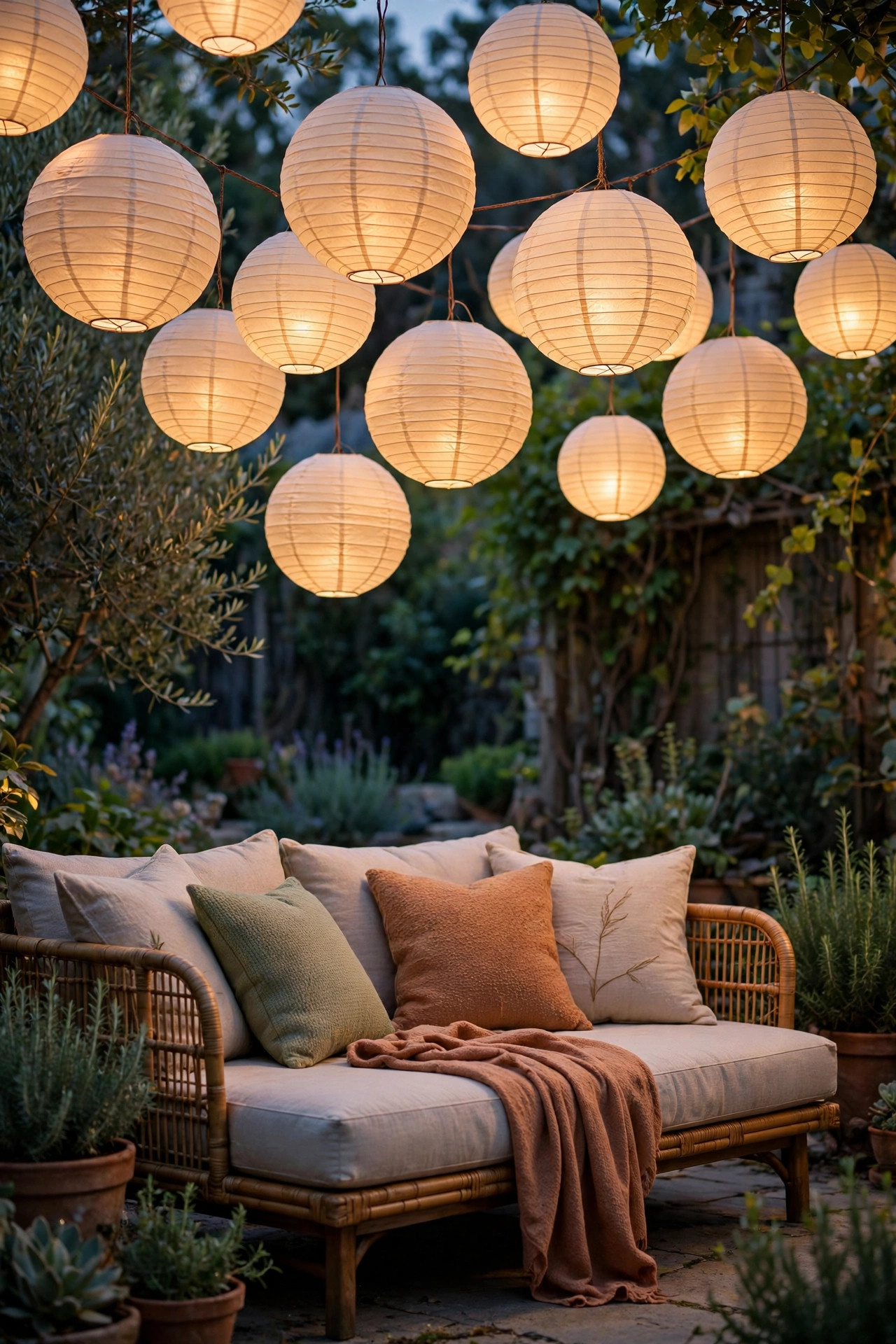 Paper lanterns in mixed sizes glowing softly above a garden daybed