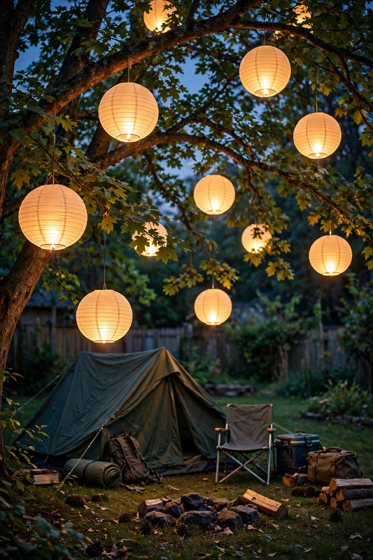 Battery paper lanterns glowing at varied heights in backyard tree branches over a campsite