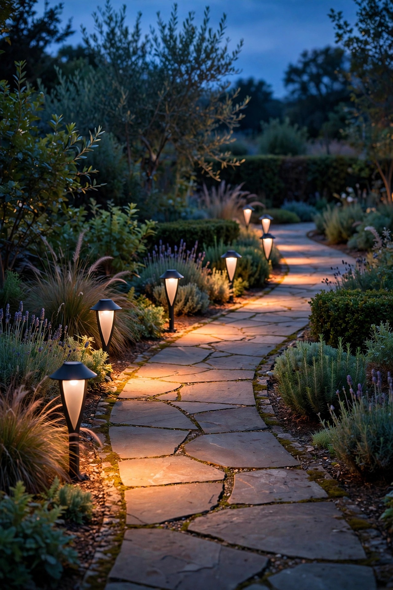A curved garden path at dusk lit by staggered shielded path lights forming soft overlapping pools of warm light