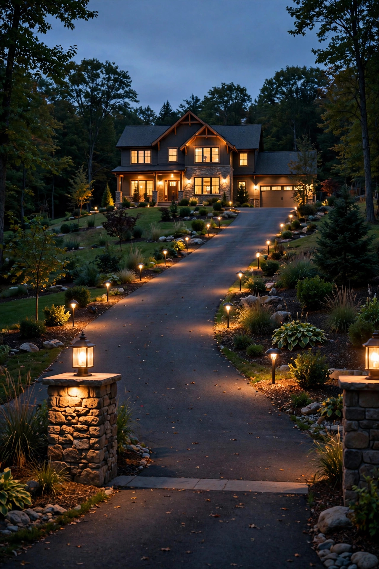Low-voltage path lights leading from a lit driveway entrance up the drive toward a warmly lit house