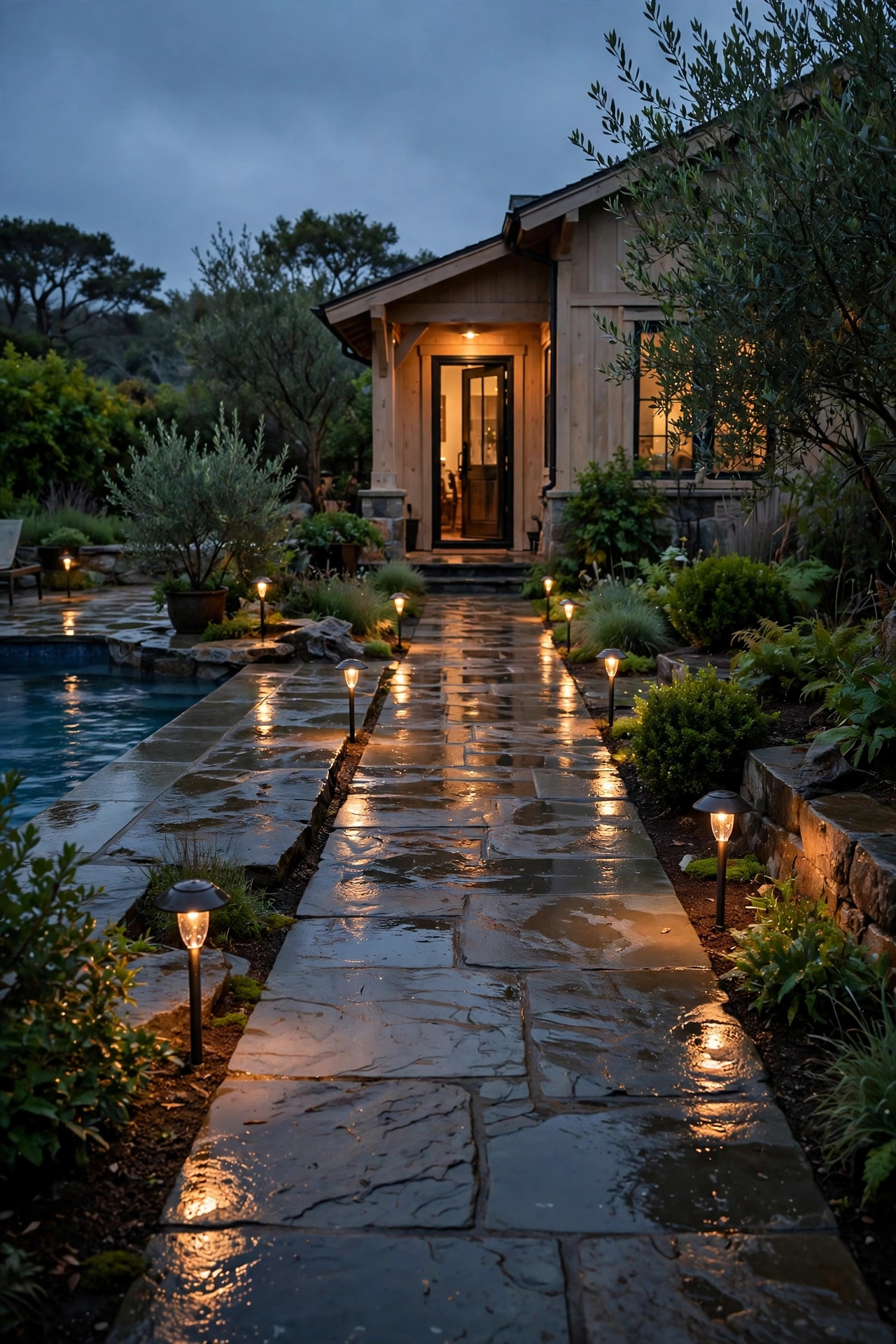 Low-voltage path lights glowing along a wet stone walkway from a pool deck to a pool house door