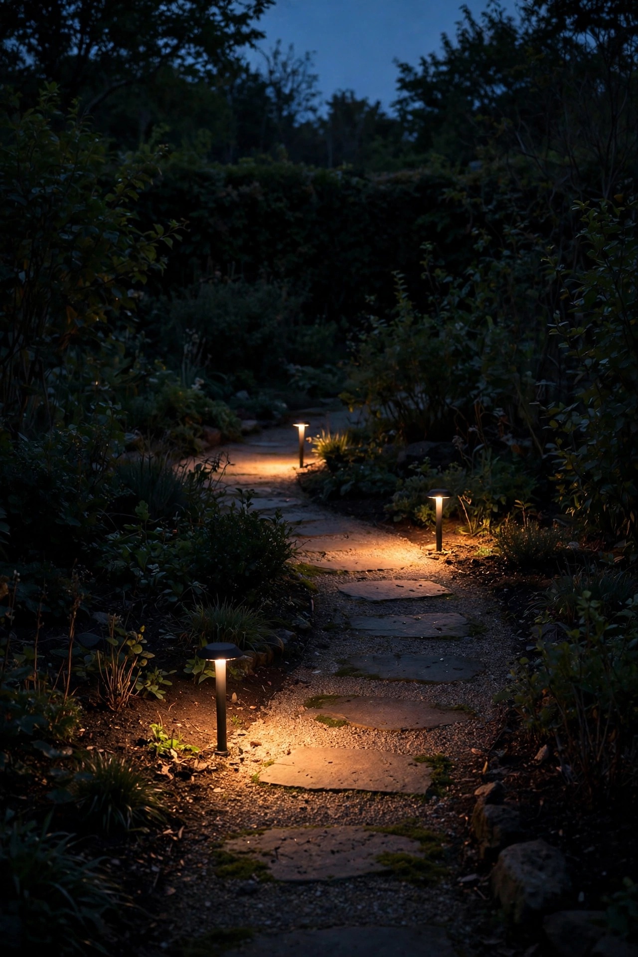 Short garden path lit by a few low warm path lights at dusk, only the walking route glowing while the borders and beds stay dark
