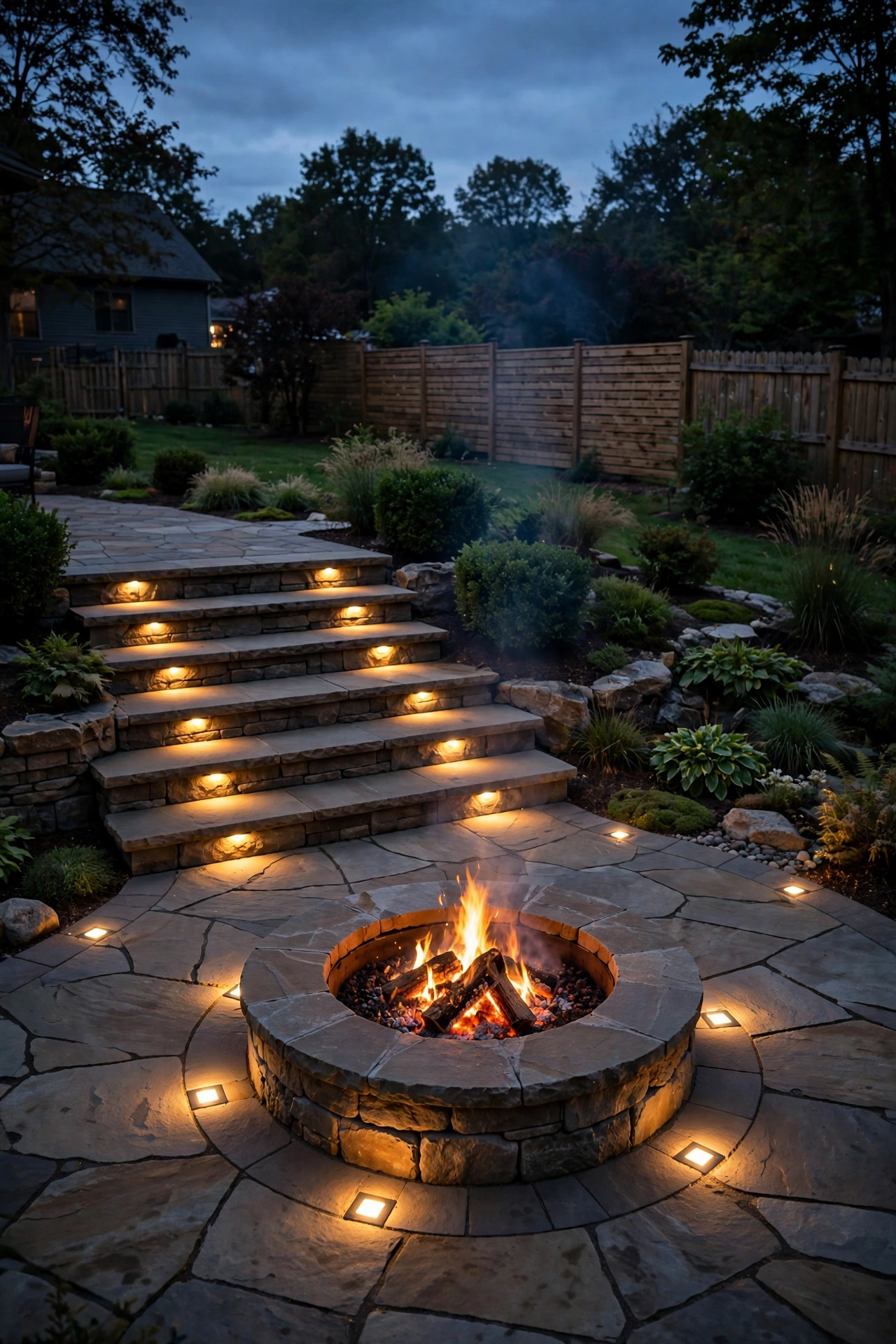 Recessed paver lights marking step edges around a fire pit patio at dusk