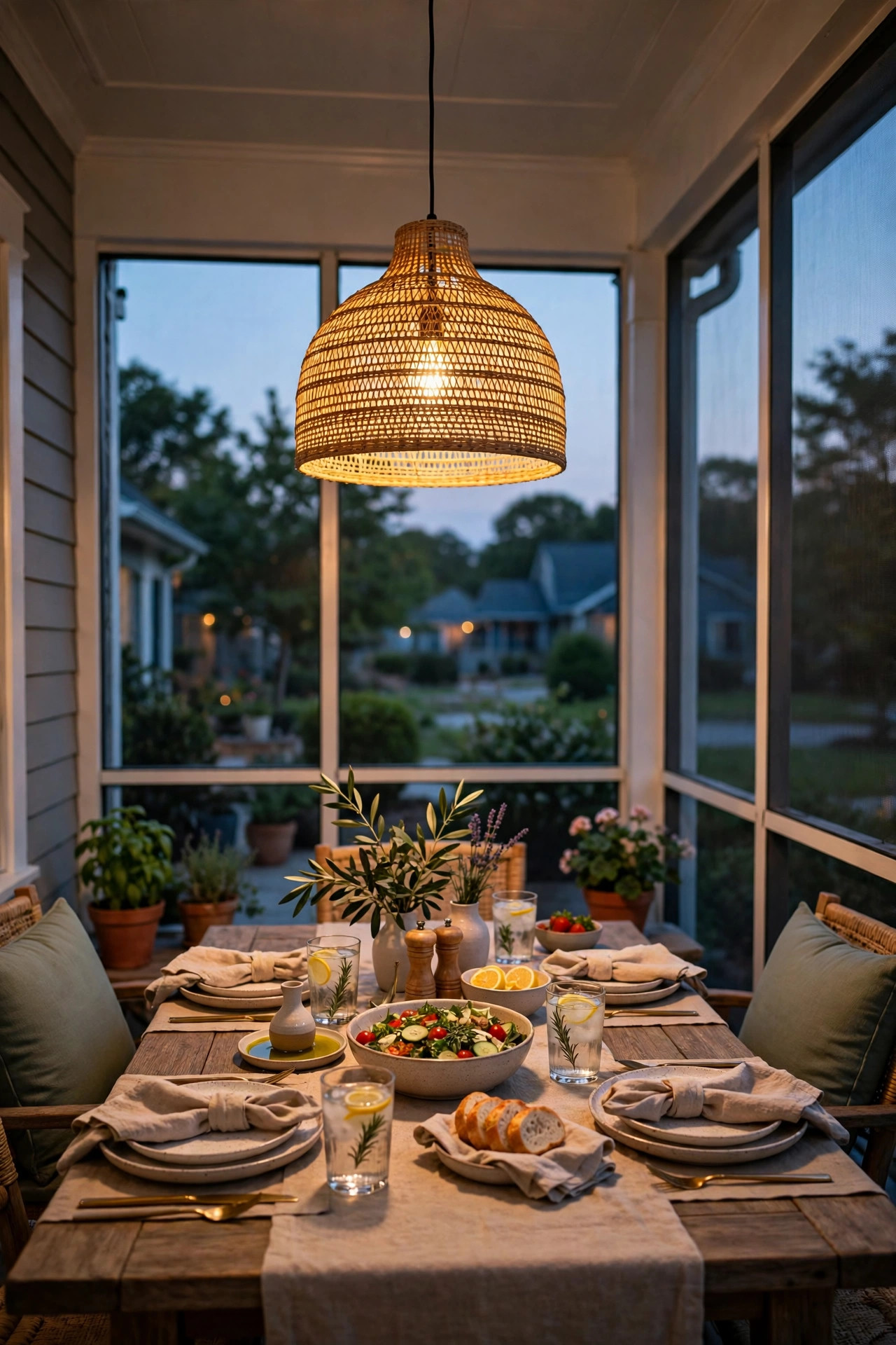 Woven pendant light hanging low over a screened porch dining table set for a summer dinner