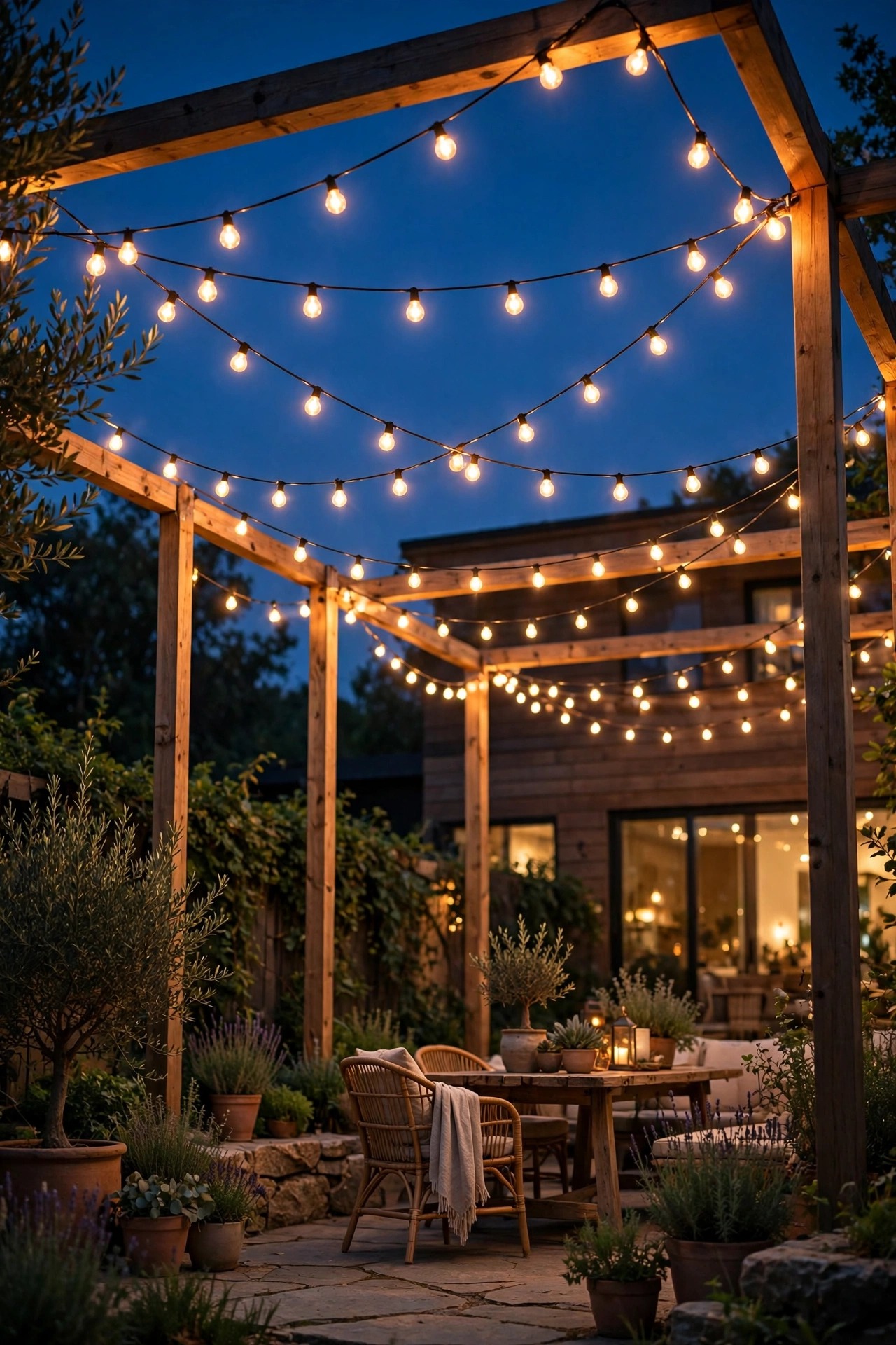 Smart string lights swagged in a canopy over a pergola on tall poles above a patio at dusk