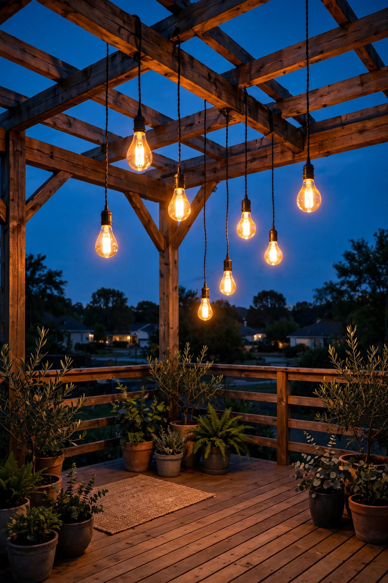 Warm amber Edison pendant bulbs hanging at staggered heights from a wooden pergola over a deck