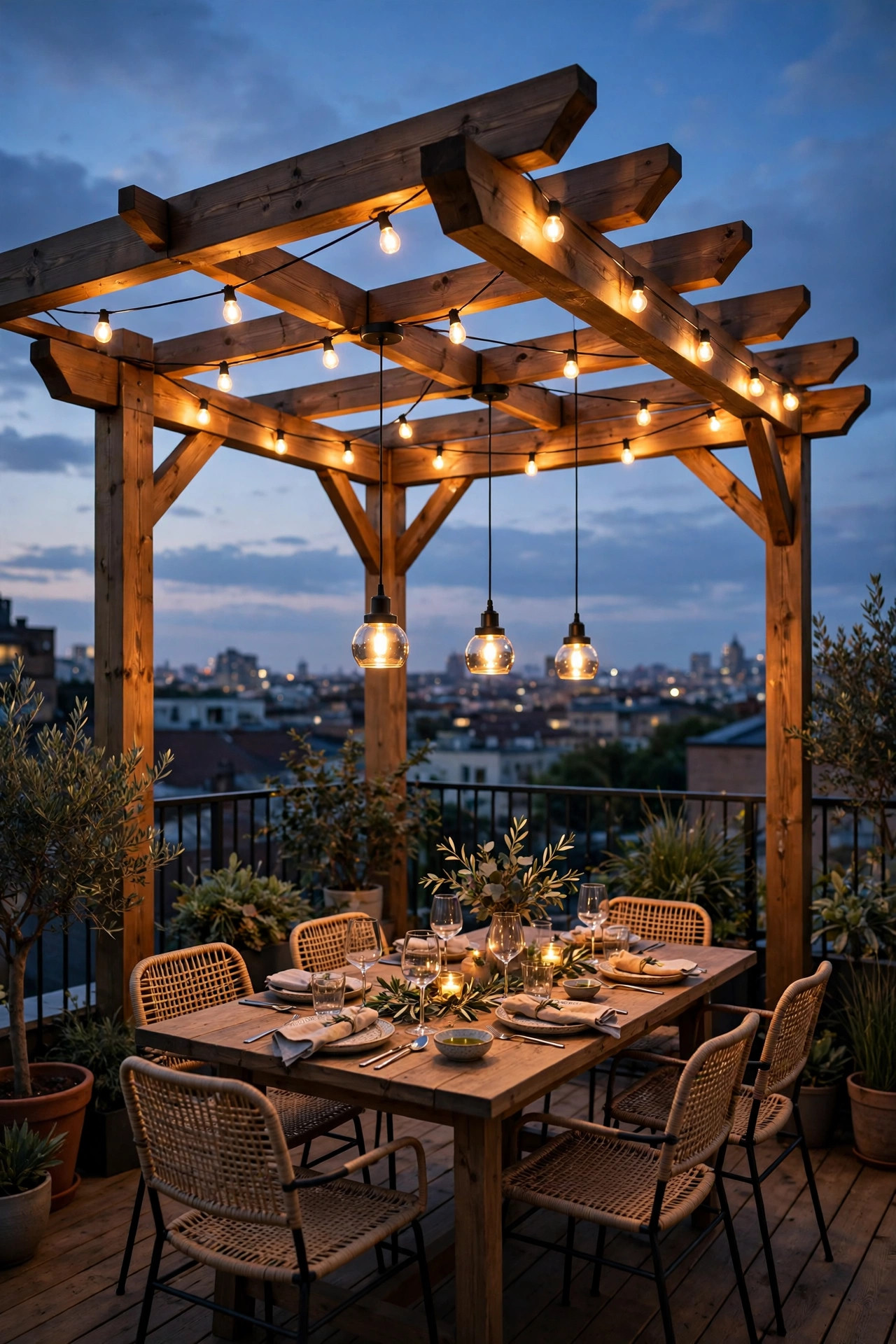 Freestanding pergola on a rooftop deck at dusk with string lights wrapped along the beams and pendants over a dining table