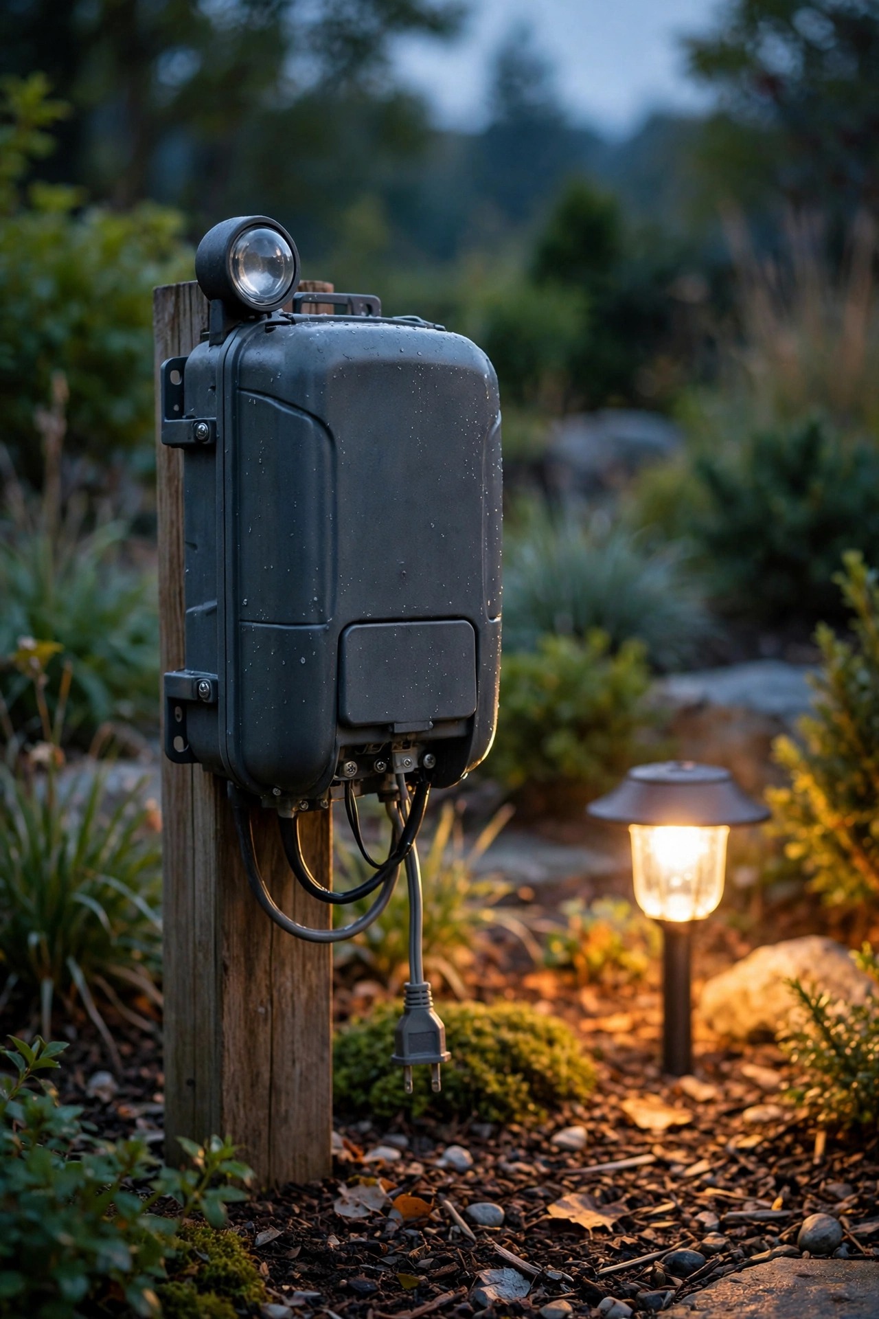 Small round photocell sensor on a landscape lighting transformer with warm fixture light glowing nearby in a dusk garden