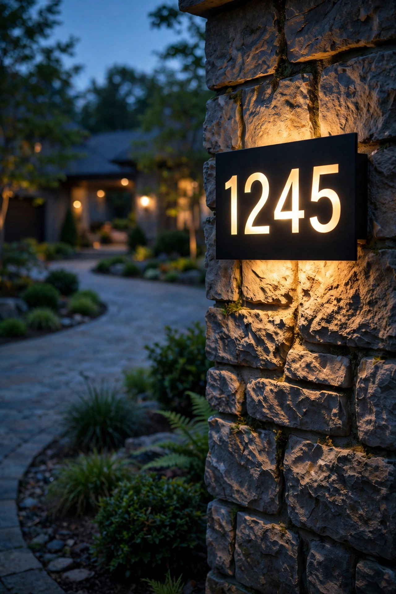 Backlit address plaque mounted on a stone driveway pillar with warm light washing the masonry
