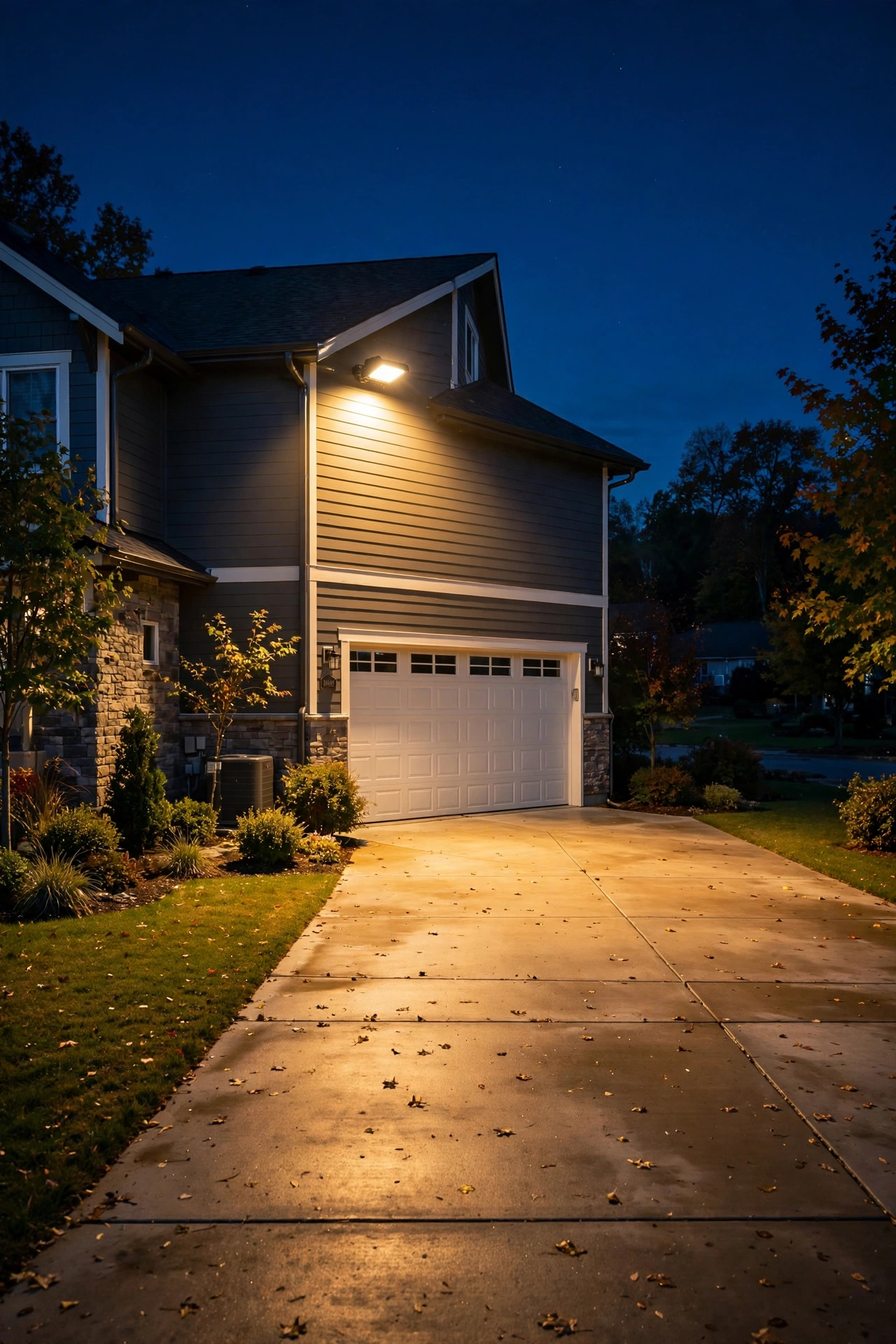 Diagram-style photo of floodlight mounting height and beam angle on a house exterior at night