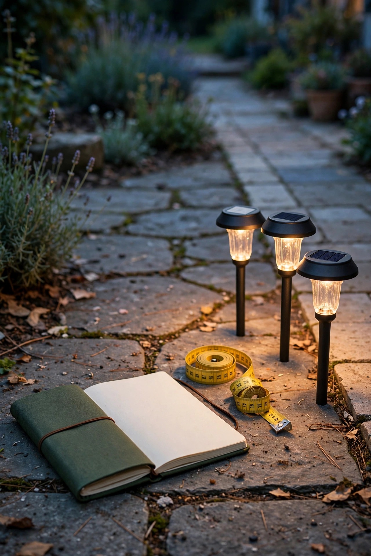 A homeowner's garden notebook, measuring tape and solar path light stakes laid out on a patio beside a walkway at dusk