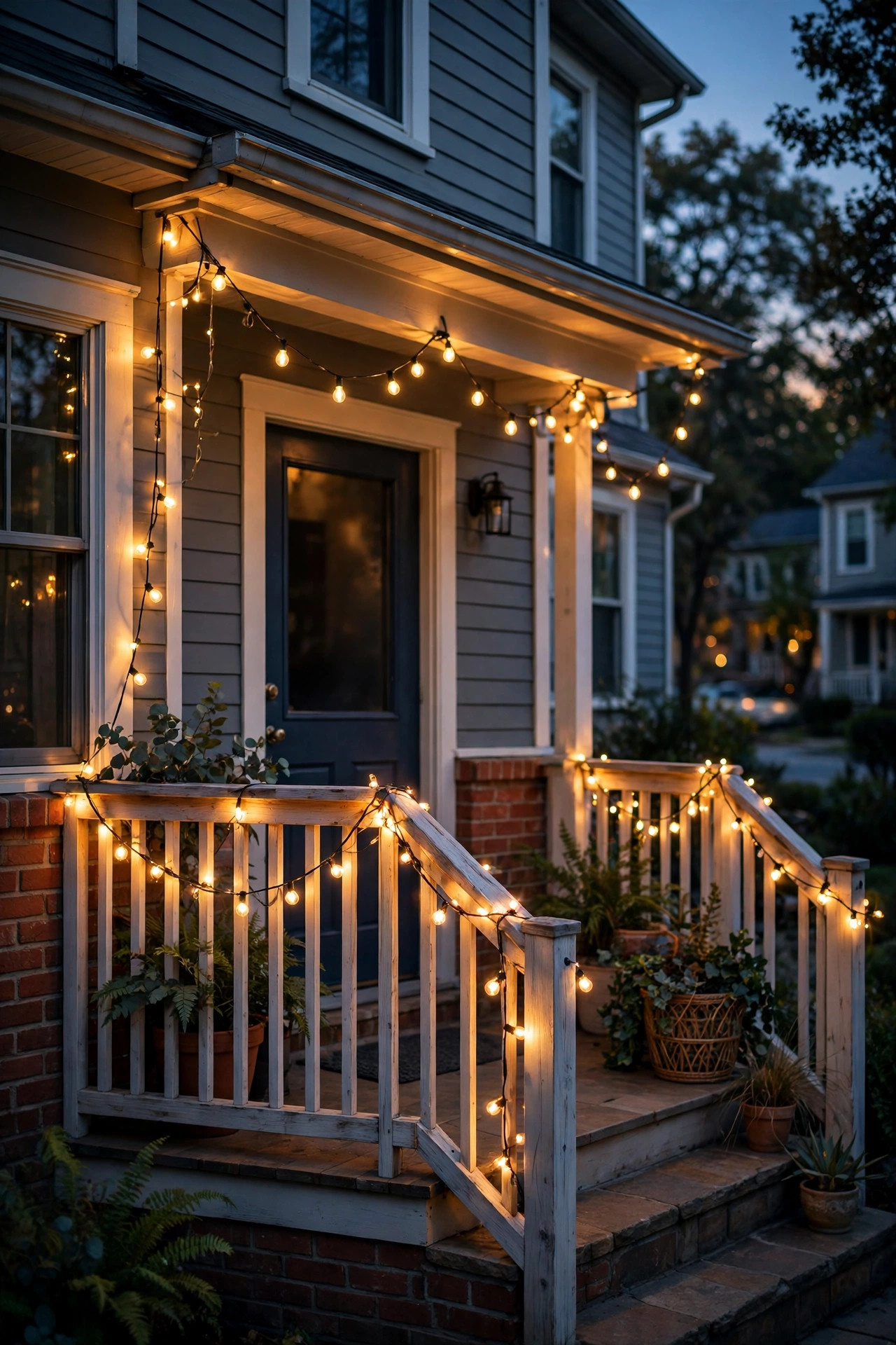 Warm string lights draped along the railing of a small townhome front porch in the evening