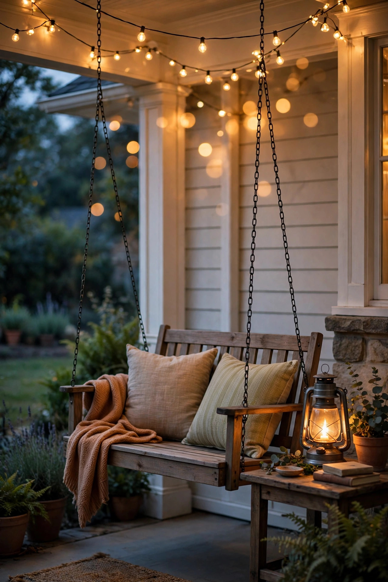 Porch swing at dusk with a soft string light glow above and a lantern on the side table
