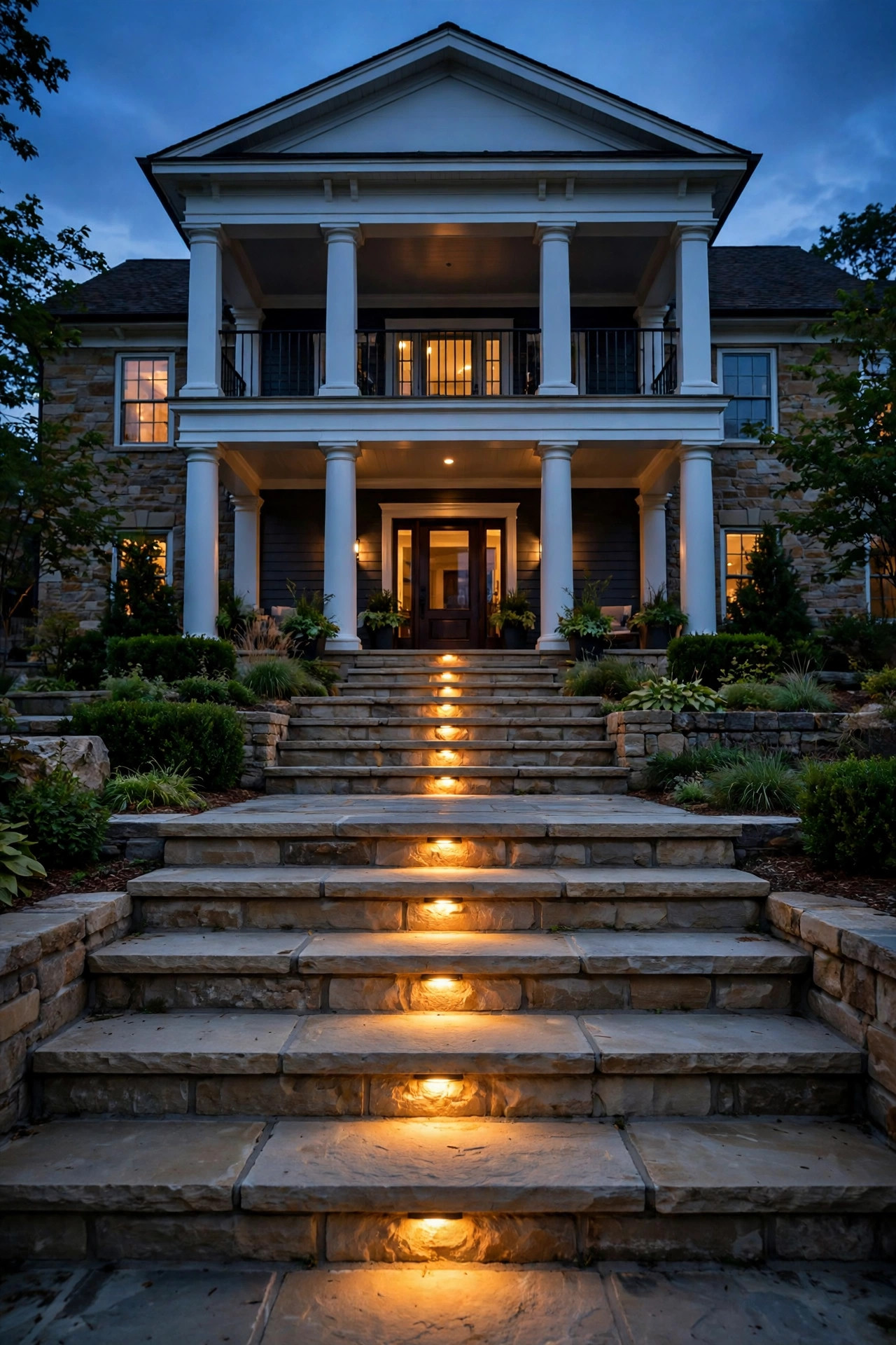 Recessed step lights glowing on the wide stone steps leading up to a two-story portico