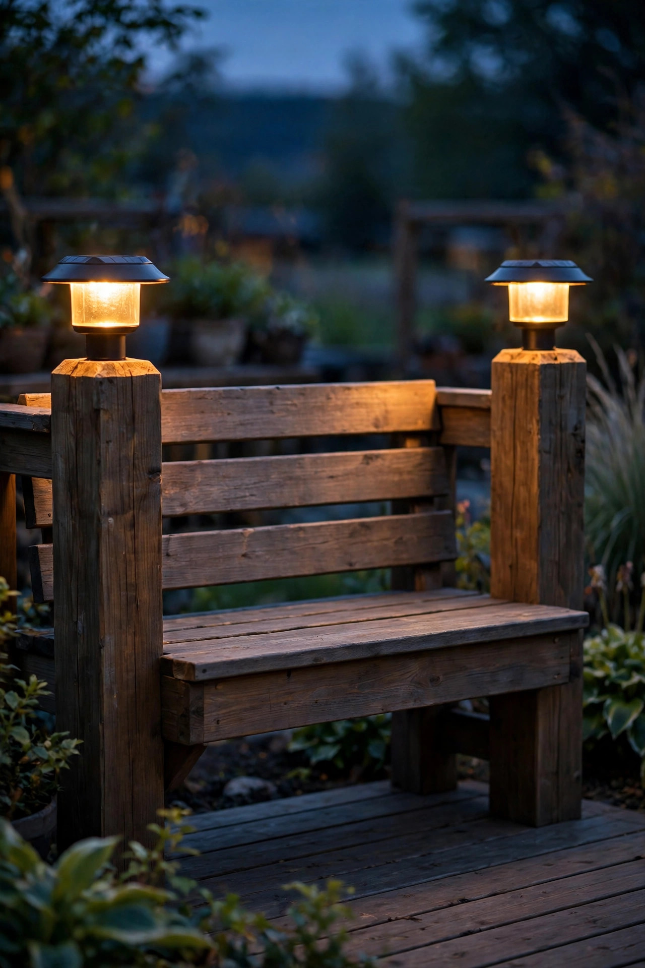 Solar post cap lights glowing warmly on the chunky end posts of a built-in deck bench at twilight