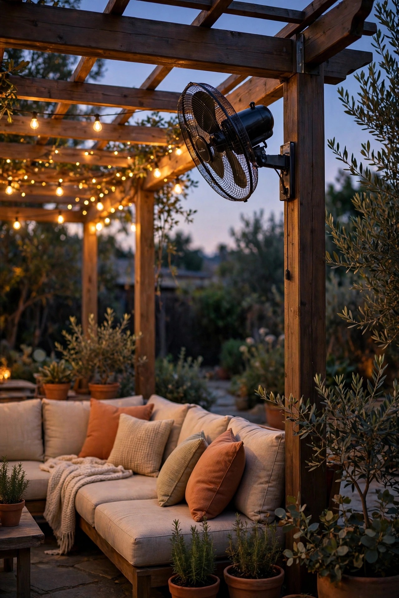 Oscillating outdoor fan mounted high on a pergola post above cushioned seating