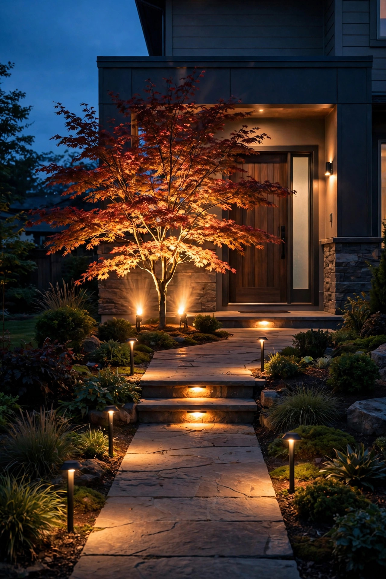 Front entry and walkway safely lit first with warm path and step lights while a single ornamental tree glows from two spotlights behind it
