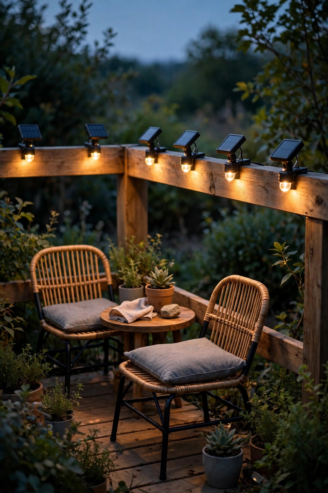 Small solar clip lights spaced along a tiny deck railing glowing warmly above a compact outdoor seating area at dusk