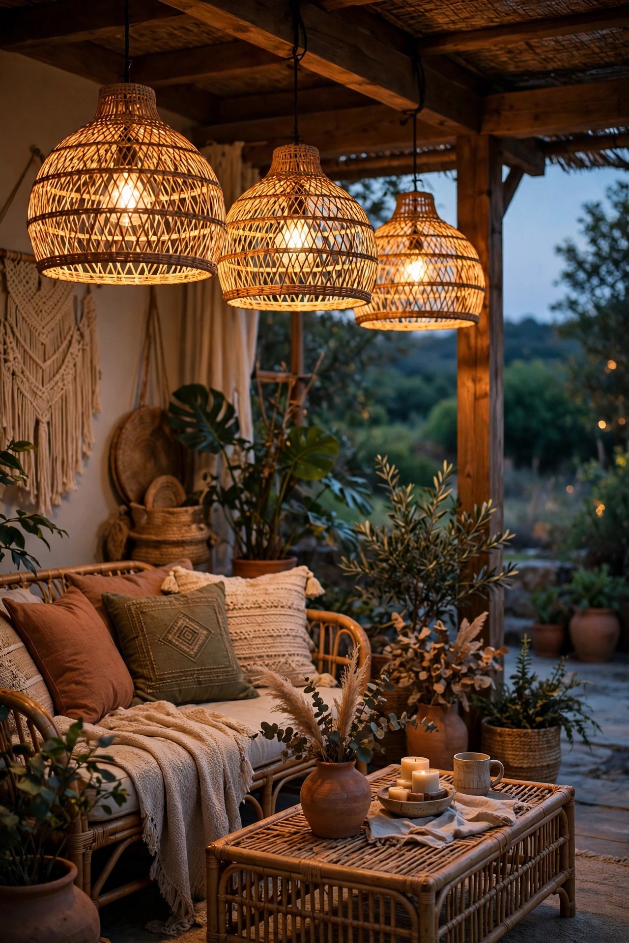 Woven rattan pendant lights glowing warmly above a boho-style covered patio lounge corner