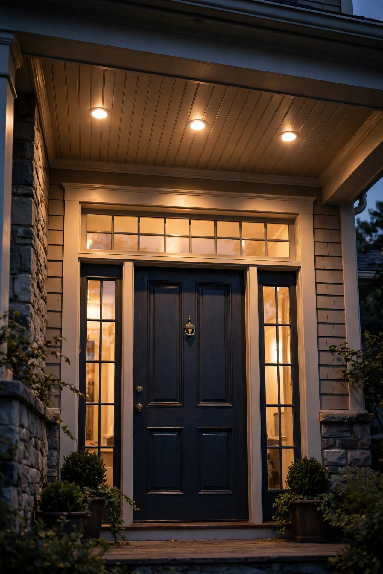 Recessed porch ceiling lights grazing down over sidelight and transom glass