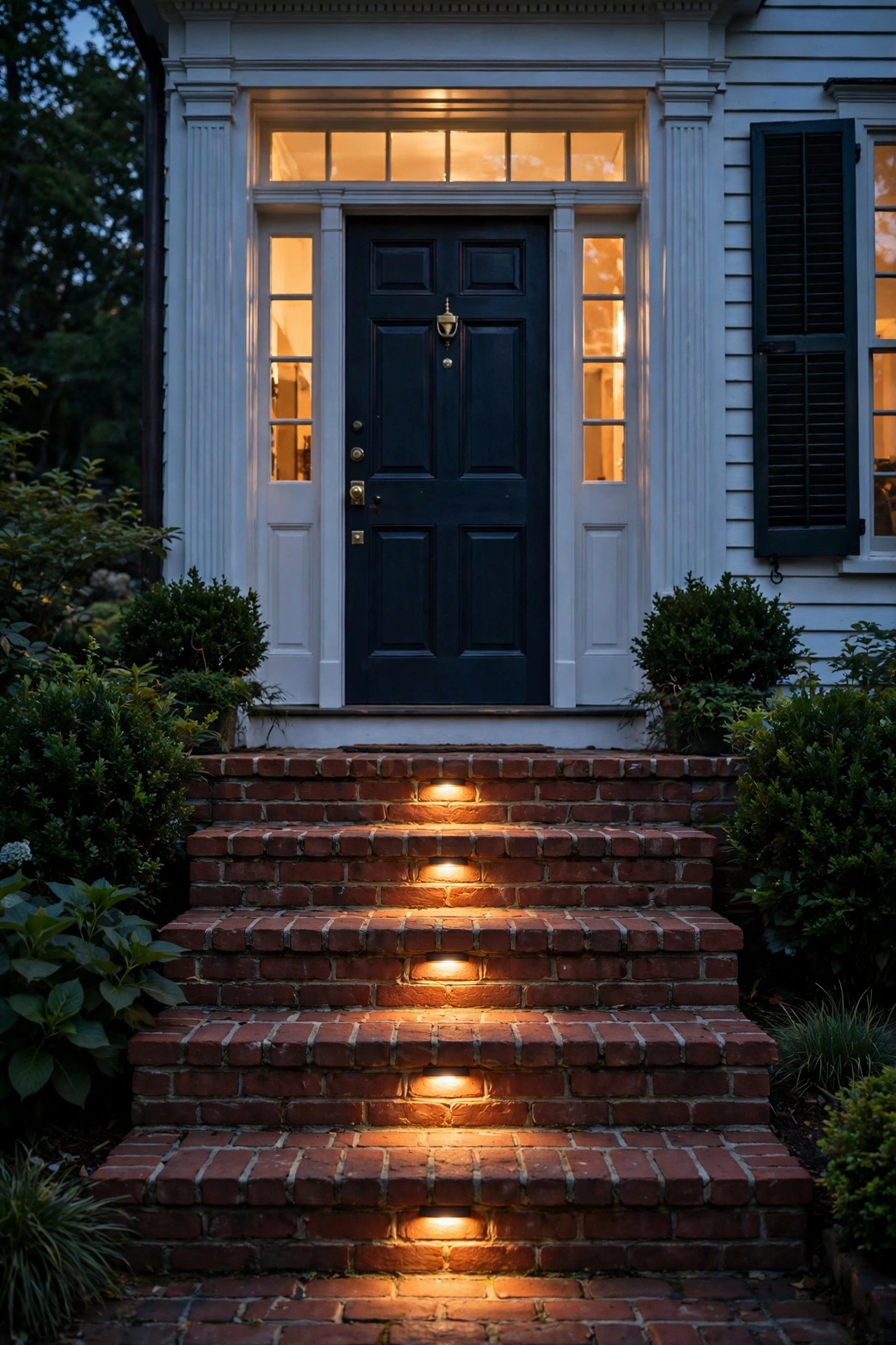 Recessed step lights glowing in the risers of brick entry stairs leading up to a colonial front door