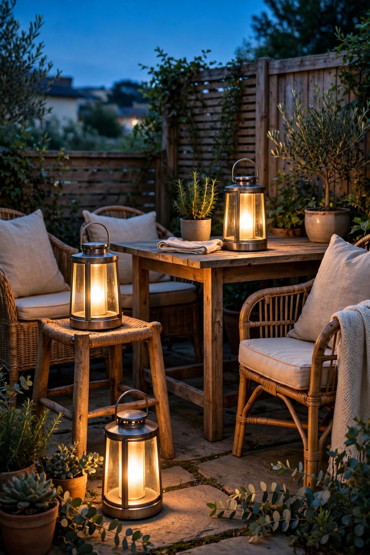 Rechargeable warm lanterns at three heights around a rental patio seating area at dusk, soft dimmable glow