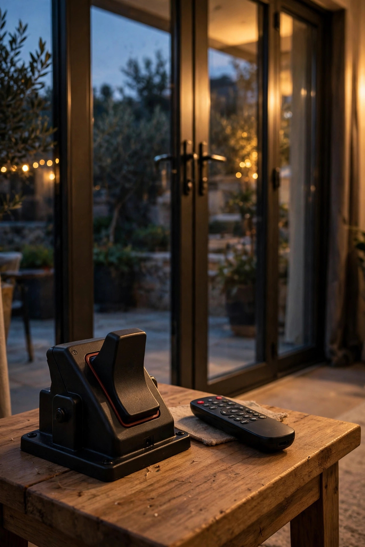 Large rocker switch and a wireless remote control on a side table beside patio doors at dusk